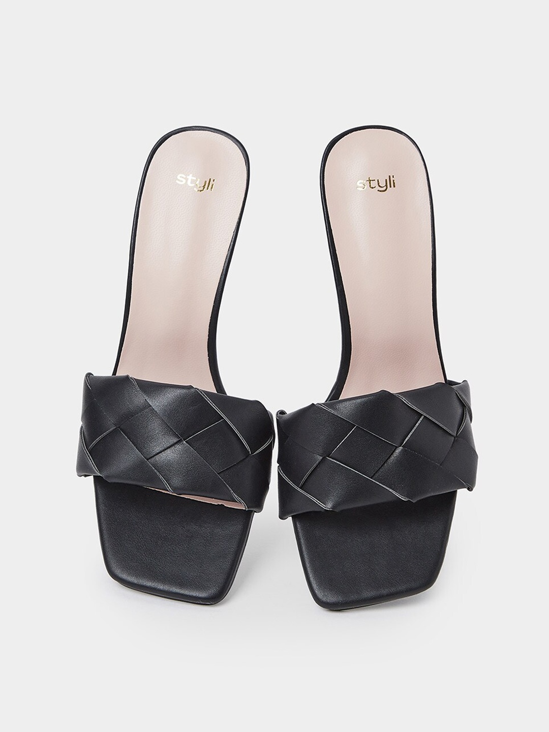 

Styli Open Toe Woven Design Slim Heels, Black