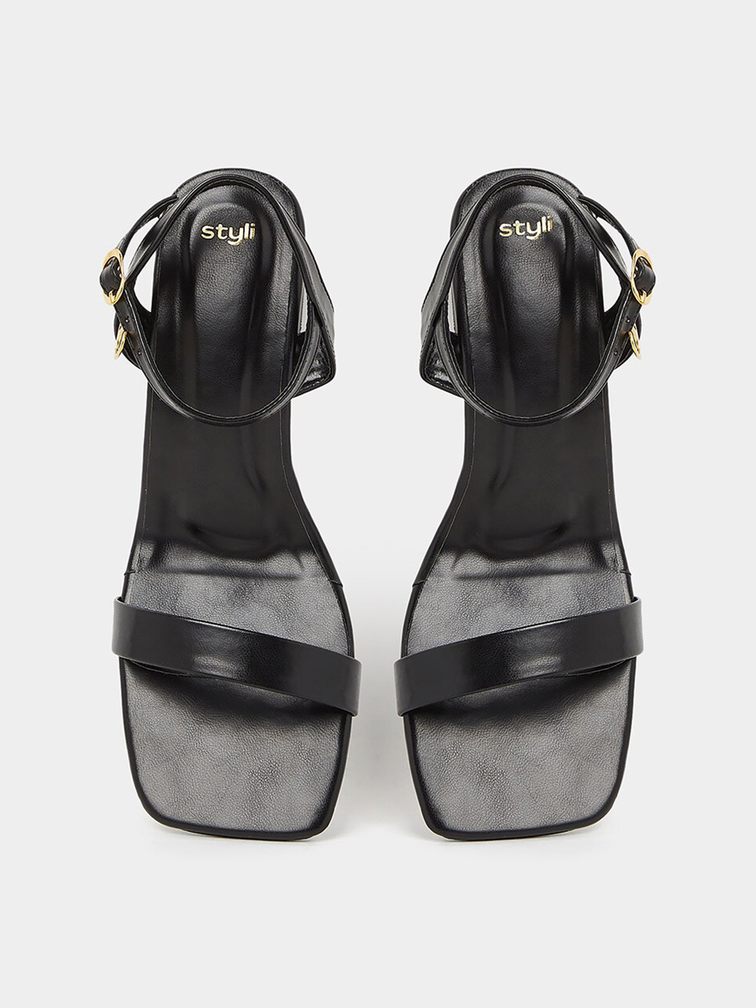 

Styli Black Open Toe Block Heels