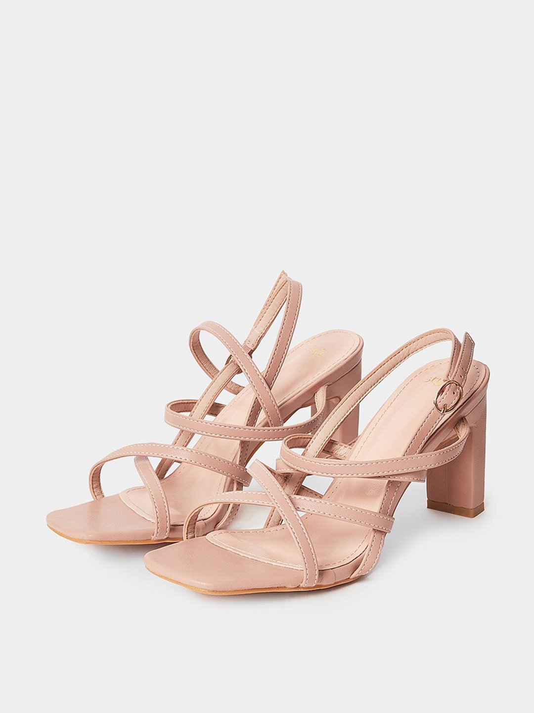 

Styli Pink Open Toe Block Heels, Beige