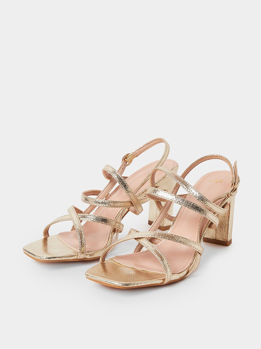 

Styli Open Toe Strappy Block Heels With Backstrap, Gold