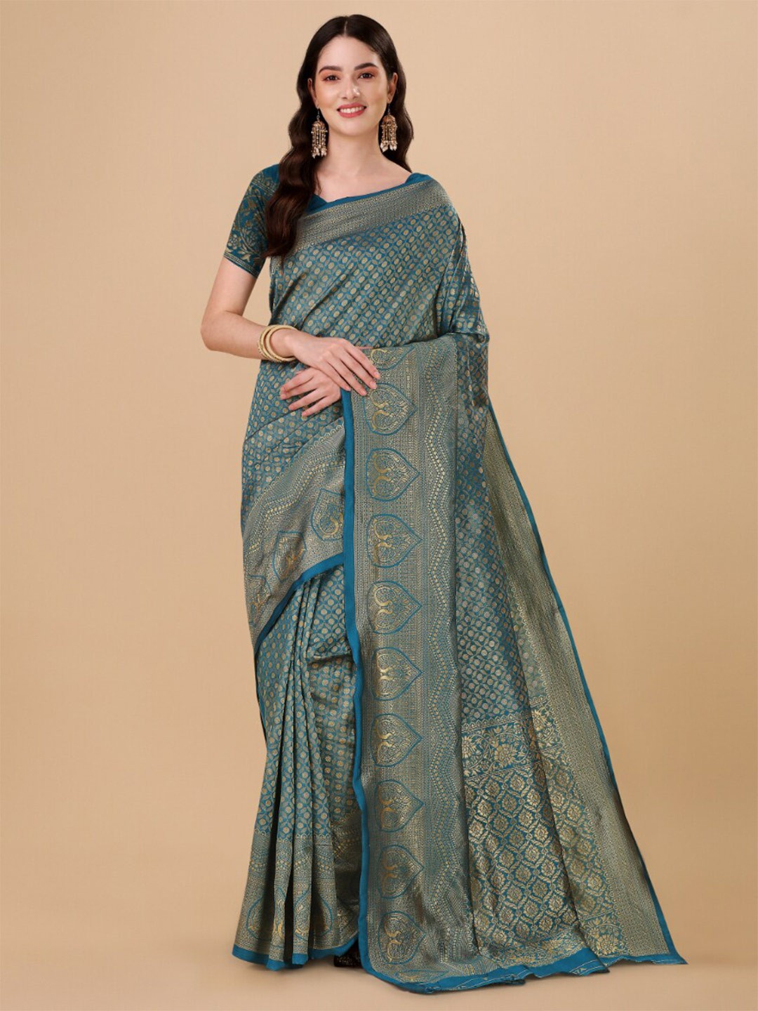 

Wuxi Ethnic Motifs Woven Design Zari Pure Silk Banarasi Saree, Teal