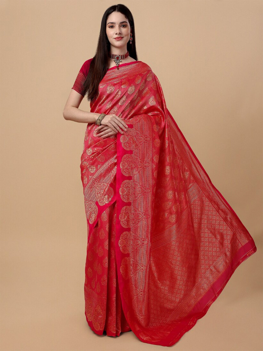 

Wuxi Pink & Gold-Toned Woven Design Zari Pure Silk Banarasi Saree