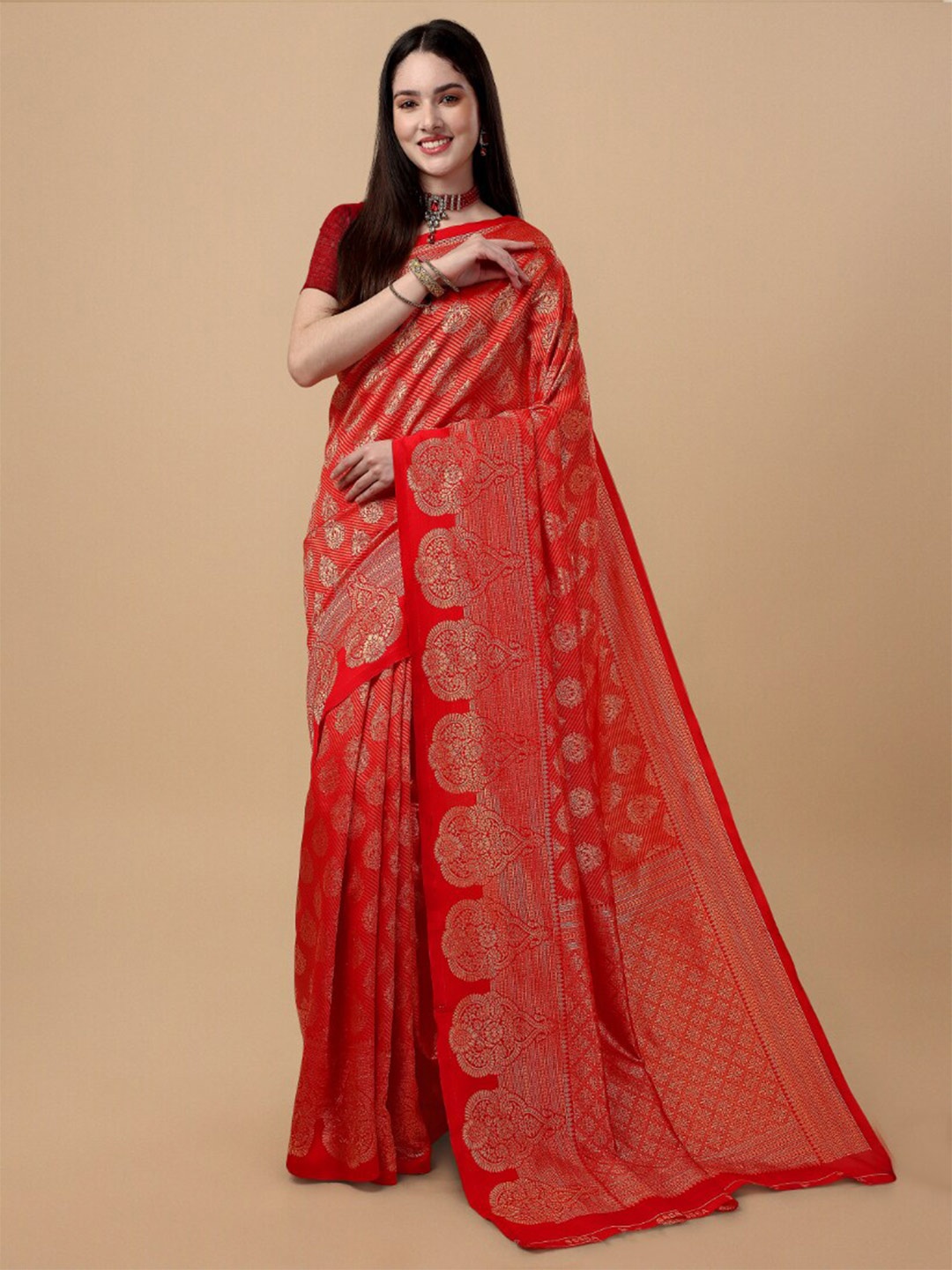 

Wuxi Ethnic Motifs Woven Design Zari Pure Silk Banarasi Saree, Red
