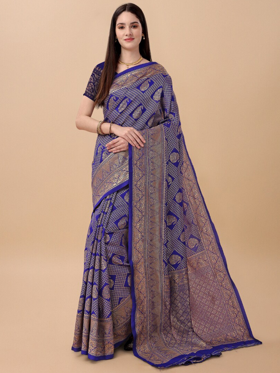 

Wuxi Paisley Woven Design Zari Pure Silk Banarasi Saree, Blue