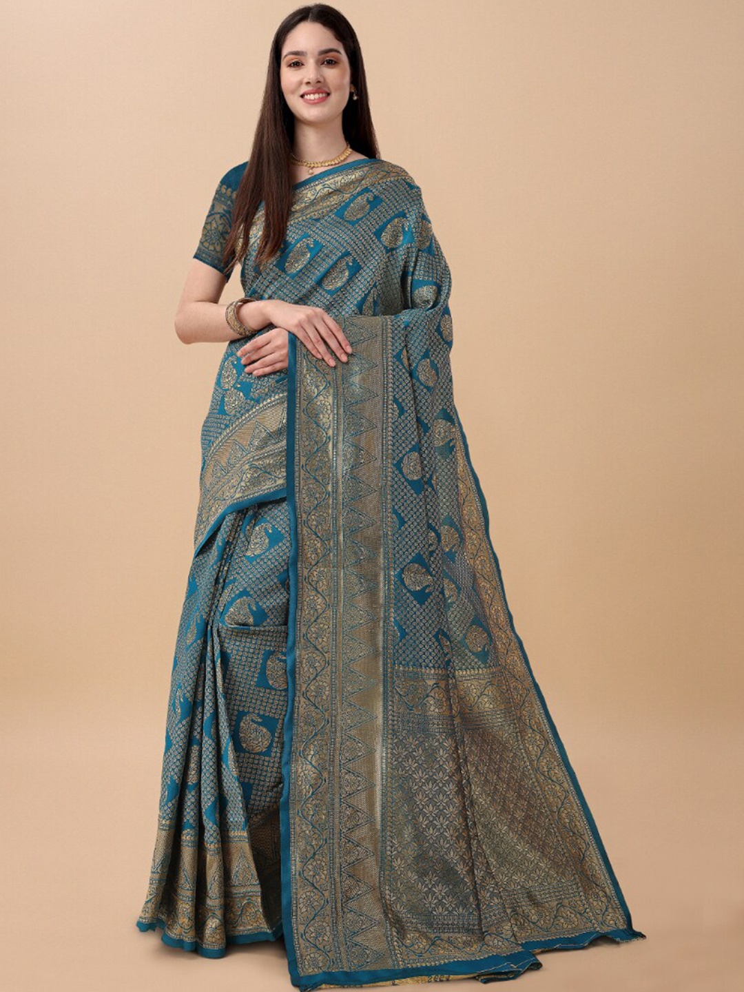 

Wuxi Paisley Woven Design Zari Pure Silk Banarasi Saree, Teal