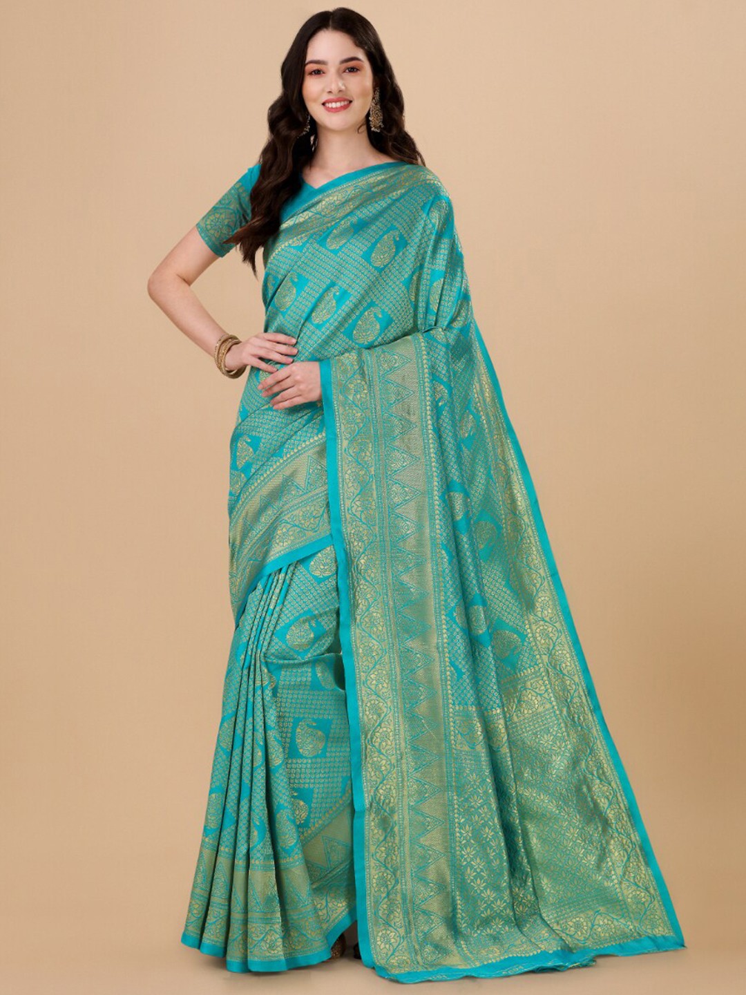 

Wuxi Ethnic Motifs Woven Design Zari Pure Silk Banarasi Saree, Sea green