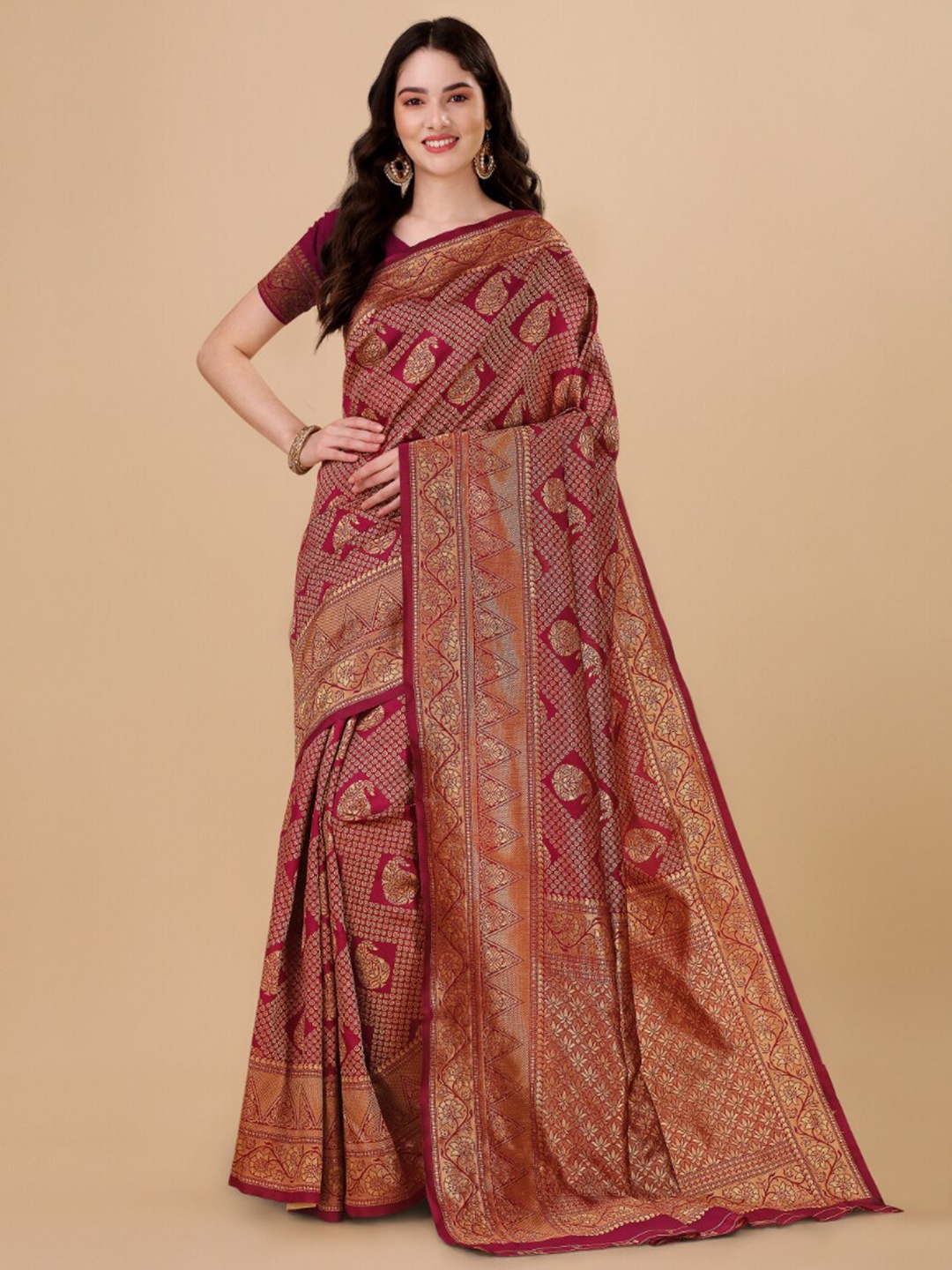 

Wuxi Ethnic Motifs Woven Design Zari Pure Silk Banarasi Saree, Maroon