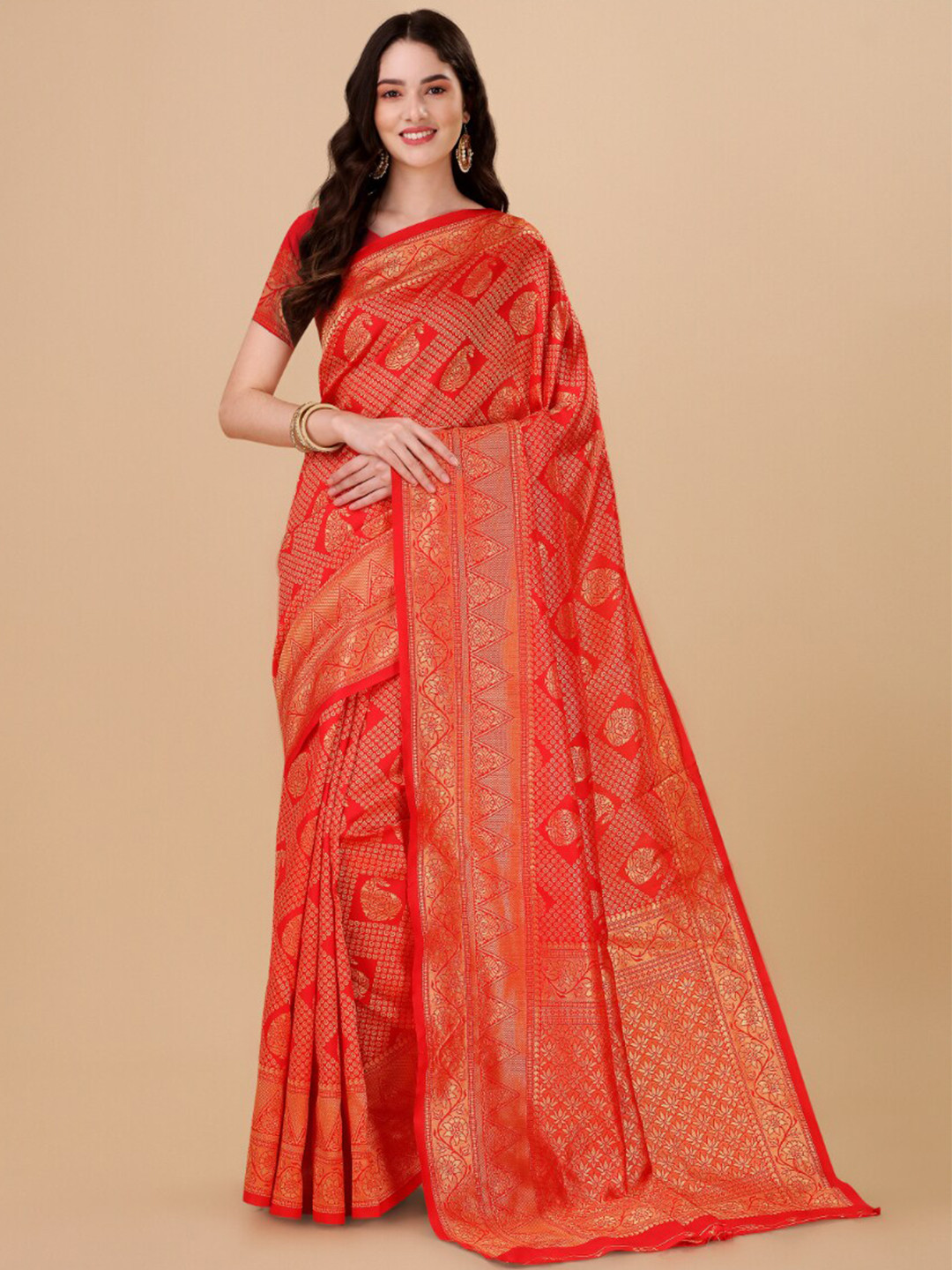 

Wuxi Ethnic Motifs Woven Design Zari Pure Silk Banarasi Saree, Red