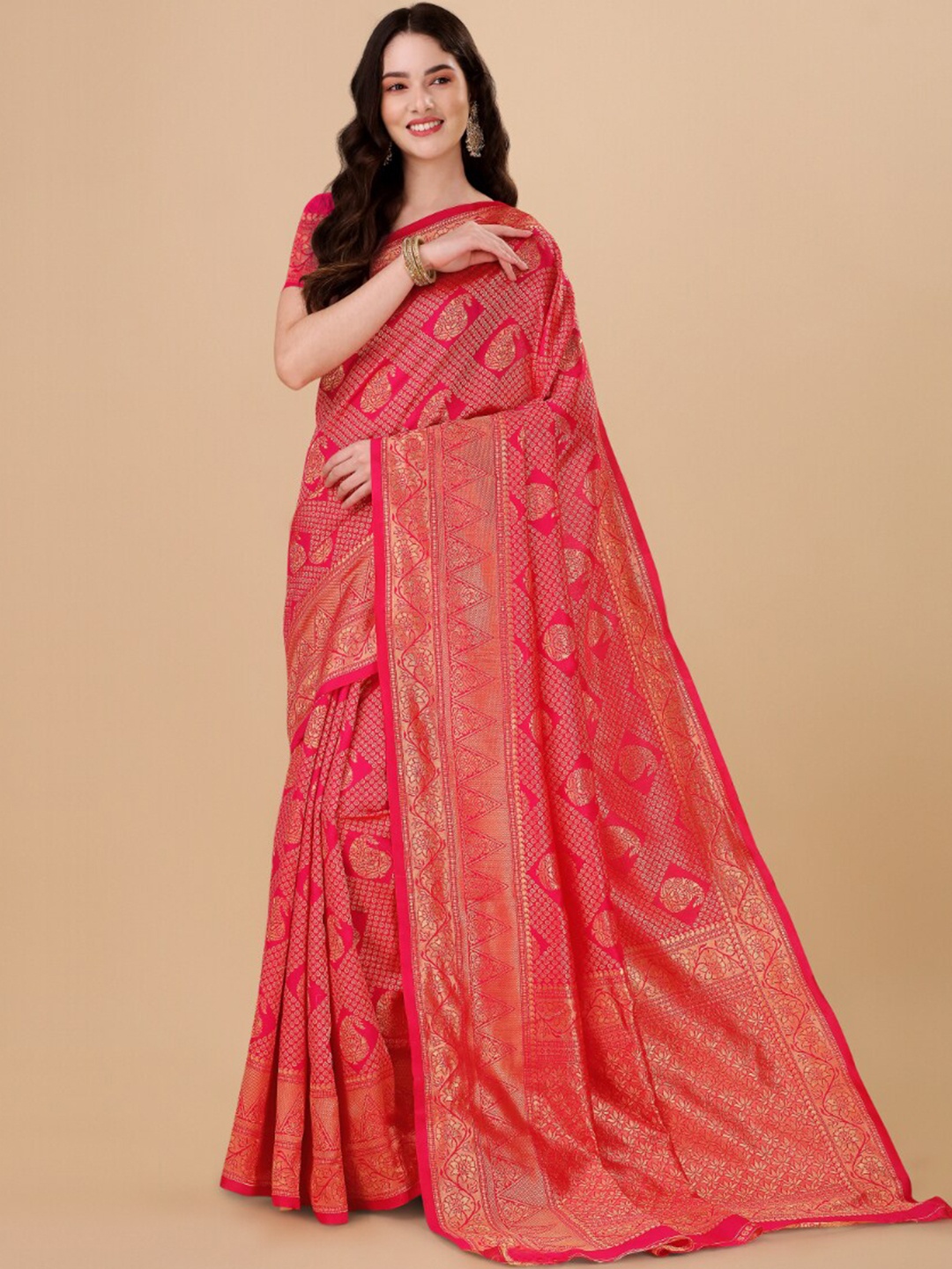 

Wuxi Ethnic Motifs Woven Design Zari Pure Silk Banarasi Saree, Pink