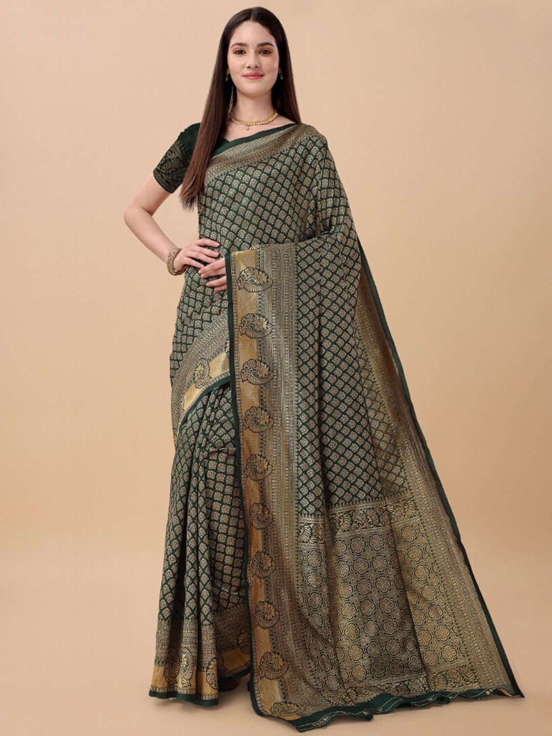 

Wuxi Ethnic Woven Design Zari Pure Silk Banarasi Saree, Green