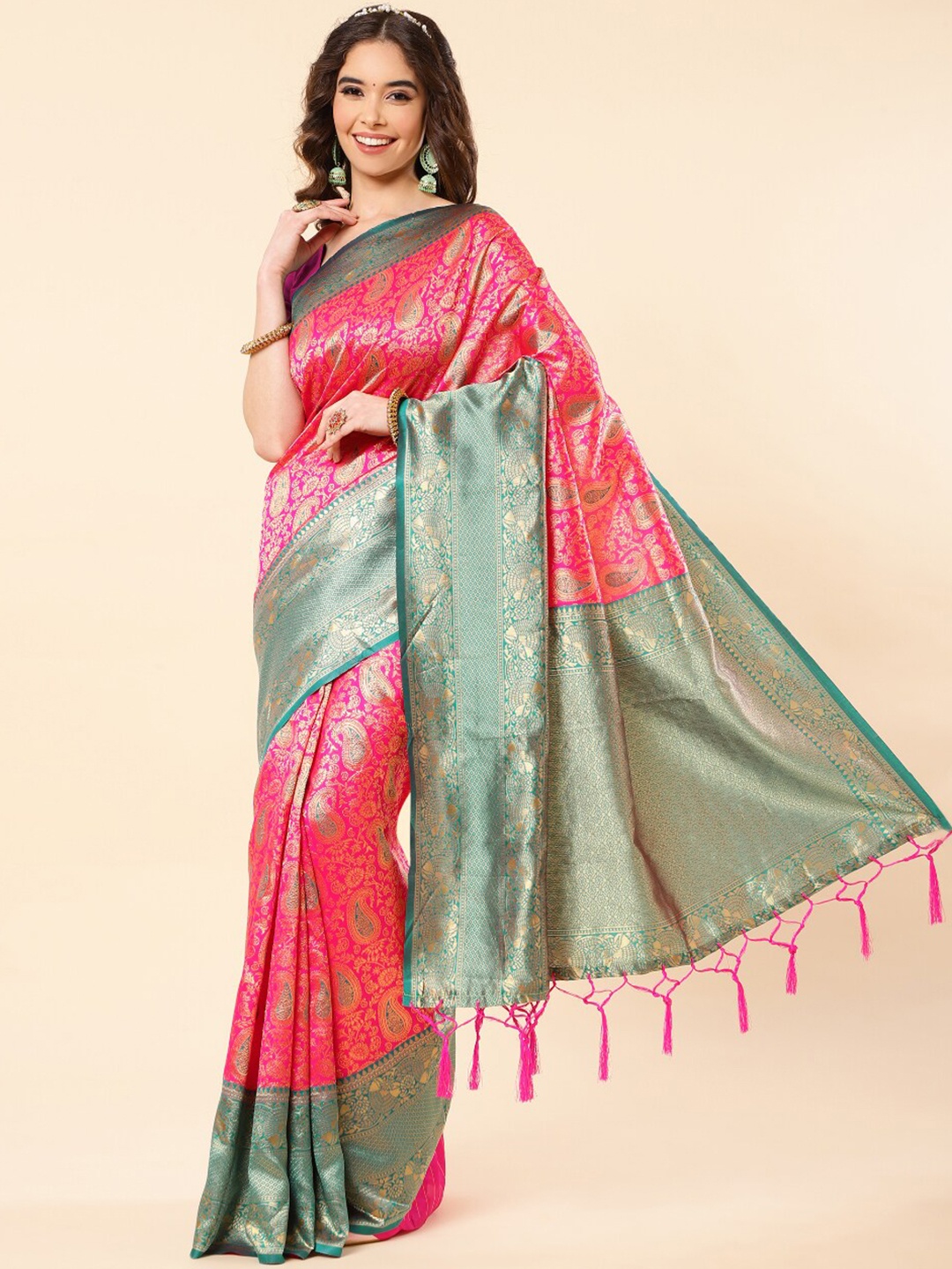 

Wuxi Ethnic Motifs Woven Design Zari Pure Silk Banarasi Saree, Pink