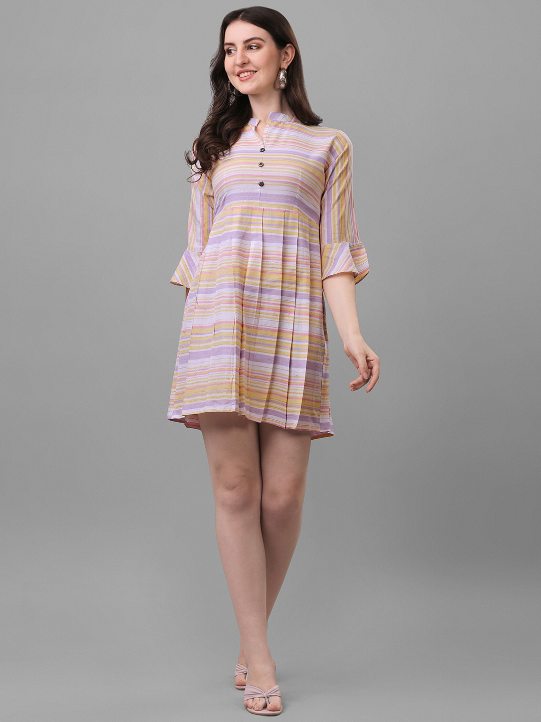 

FAVRIZ Striped Mandarin Collar A-Line Mini Dress, Orange