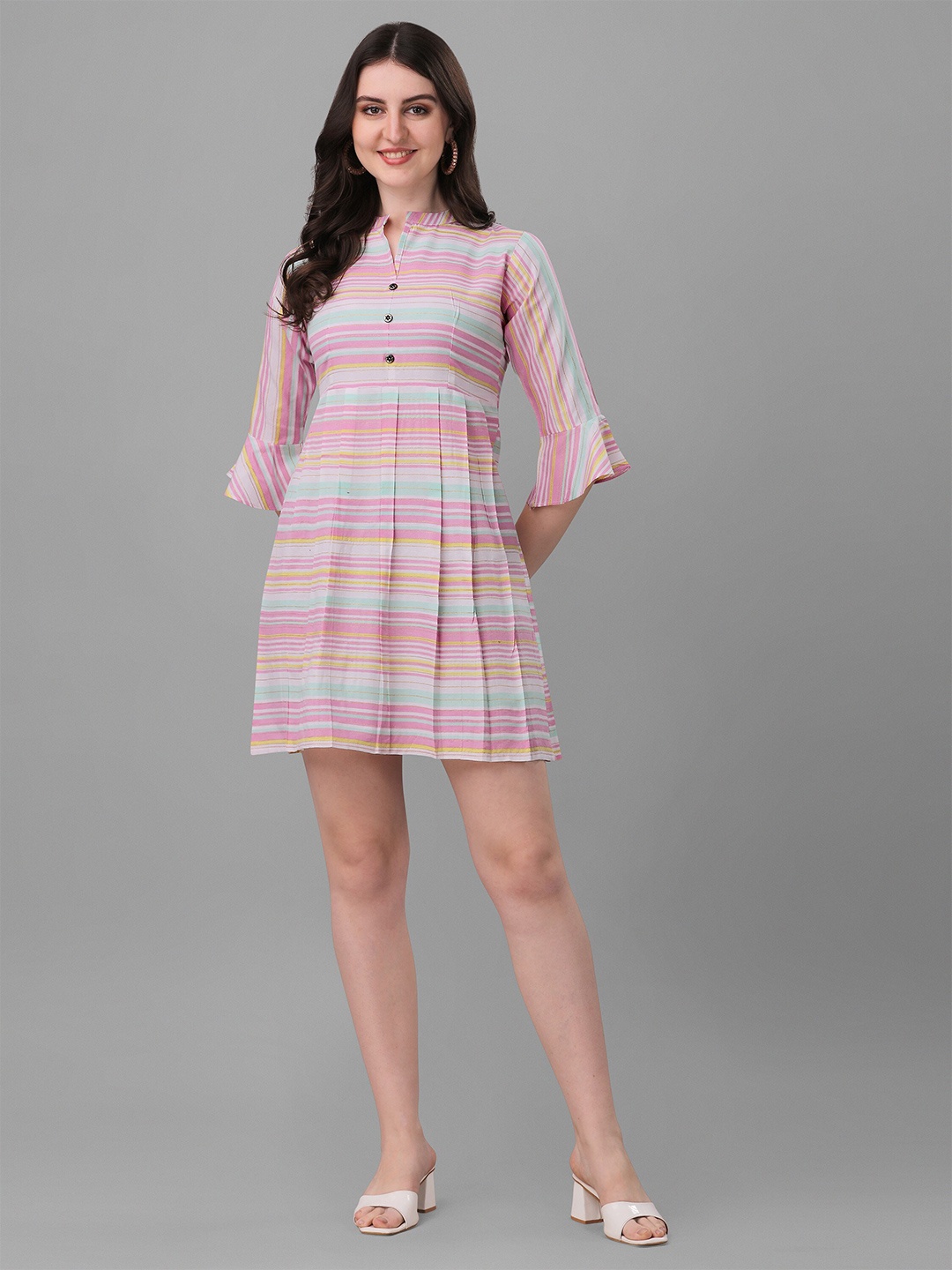 

FAVRIZ Striped Mandarin Collar A-Line Mini Dress, Pink