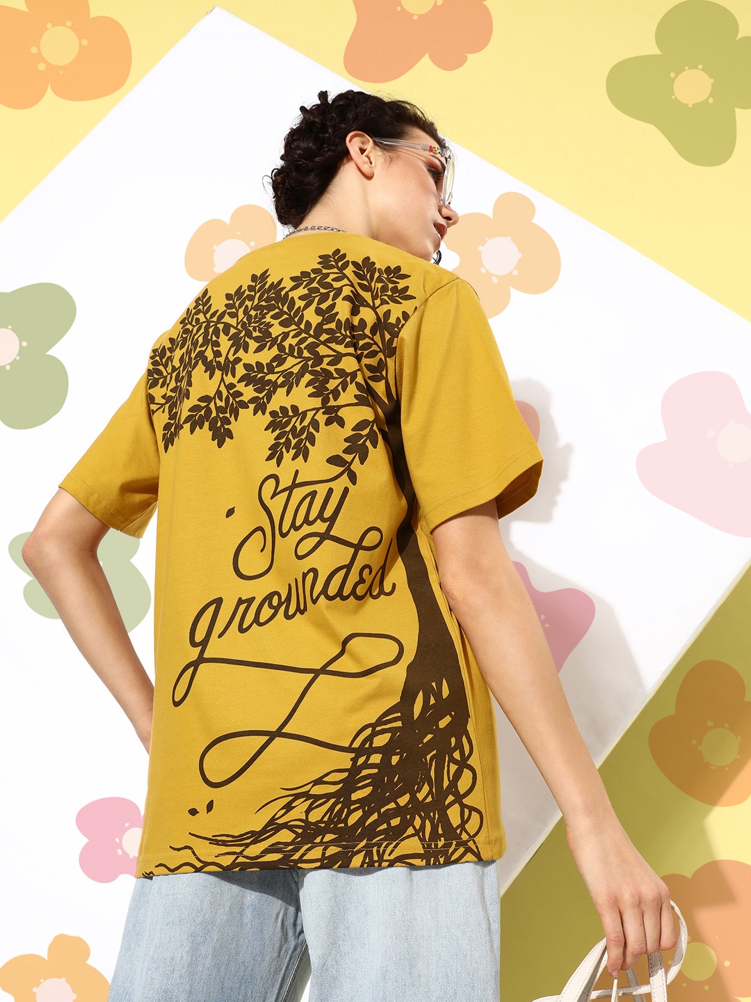

DILLINGER Mustard Yellow & Brown Printed Oversized Pure Cotton Longline T-shirt