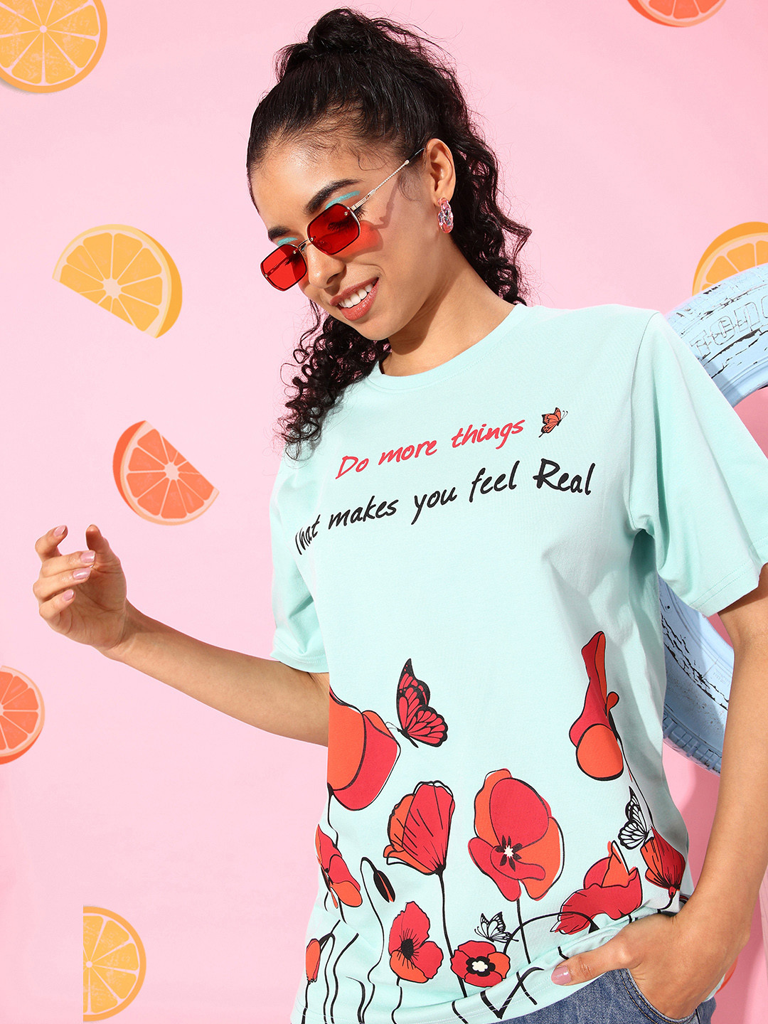 

DILLINGER Printed Oversized Pure Cotton Longline T-shirt, Turquoise blue