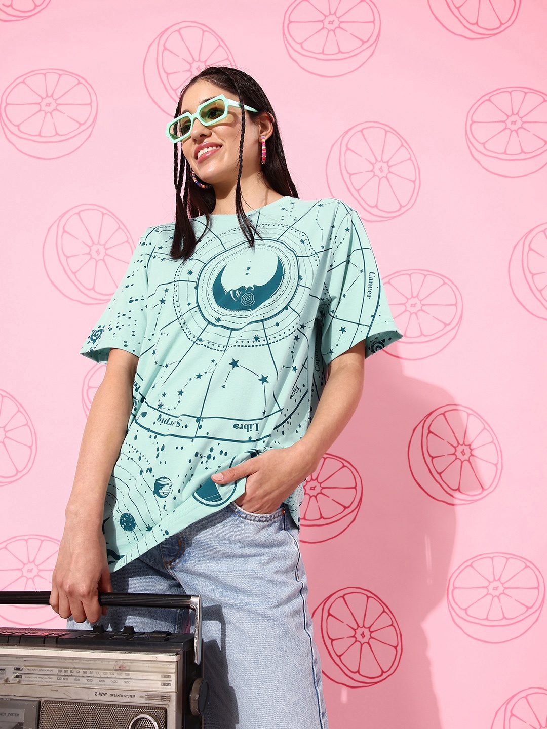 

DILLINGER Pure Cotton Printed Oversize T-shirt, Turquoise blue