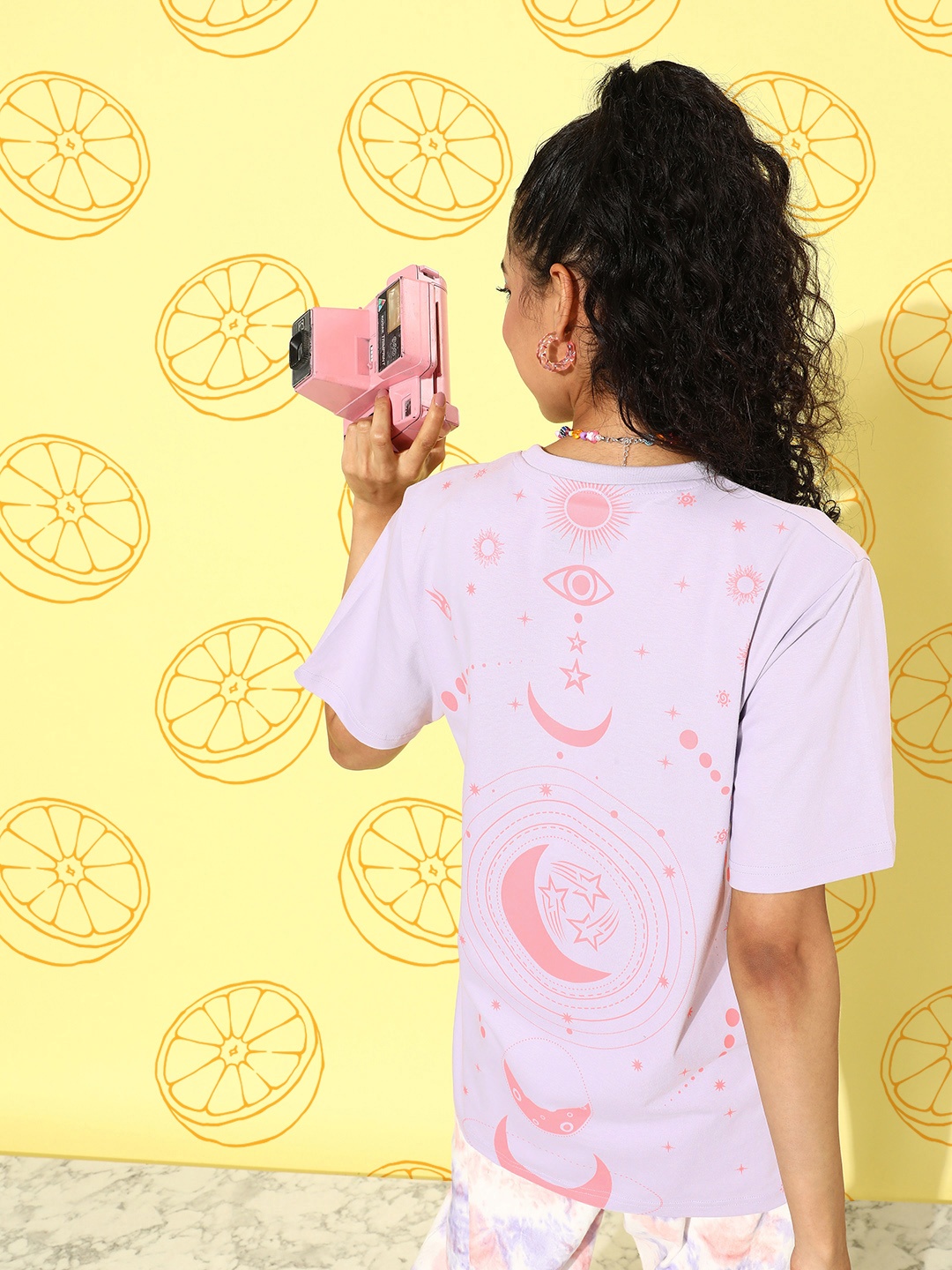 

DILLINGER Lavender & Coral Printed Oversized Pure Cotton Longline T-shirt