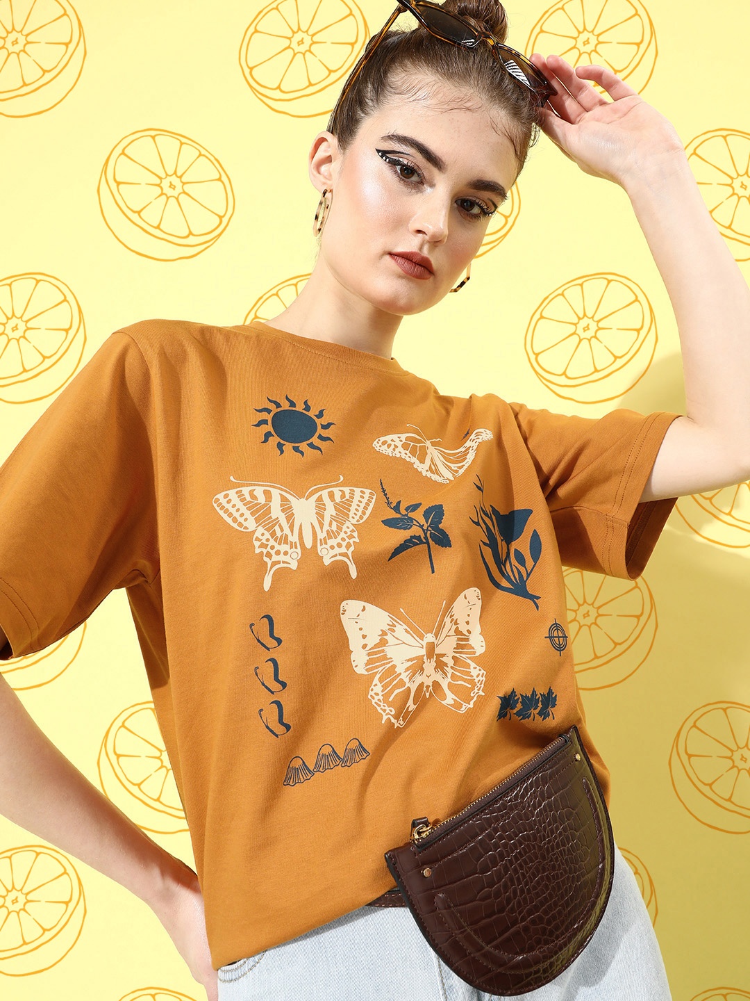 

DILLINGER Women Graphic Printed Oversize T-shirt, Brown