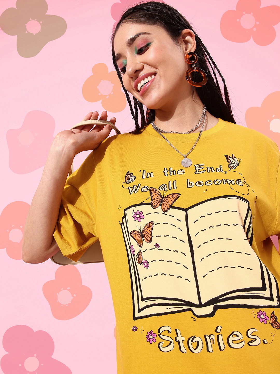 

DILLINGER Mustard Yellow & Beige Printed Oversized Pure Cotton Longline T-shirt