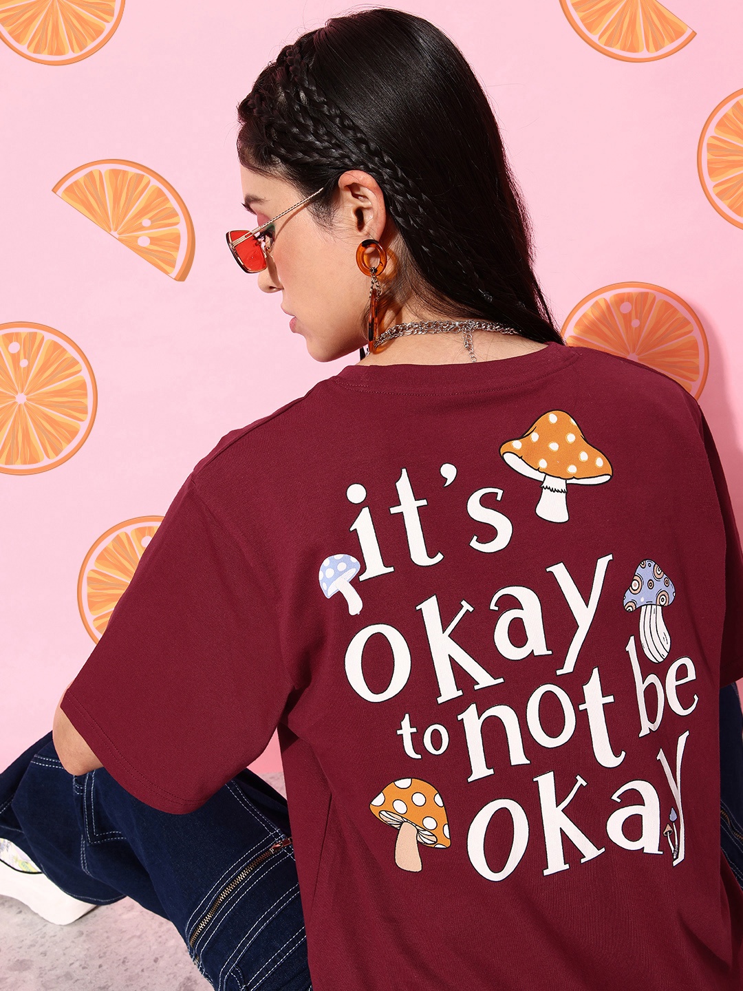 

DILLINGER Maroon & White Typography Printed Oversized Pure Cotton Longline T-shirt