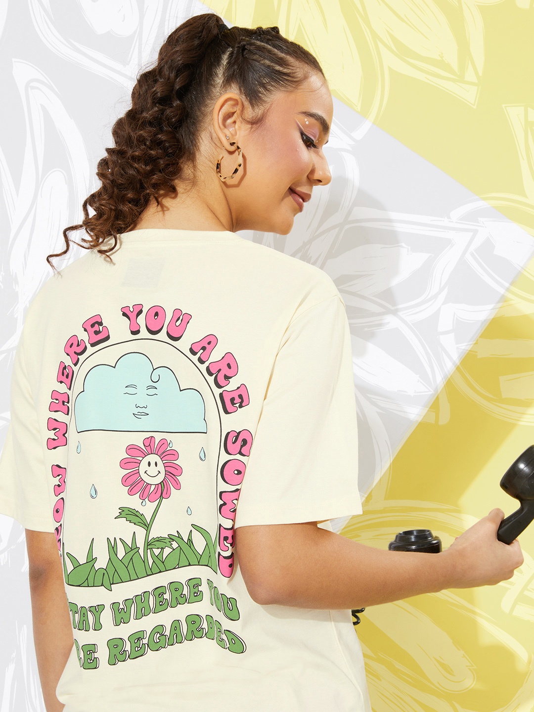 

DILLINGER Printed Oversized Pure Cotton Longline T-shirt, Off white