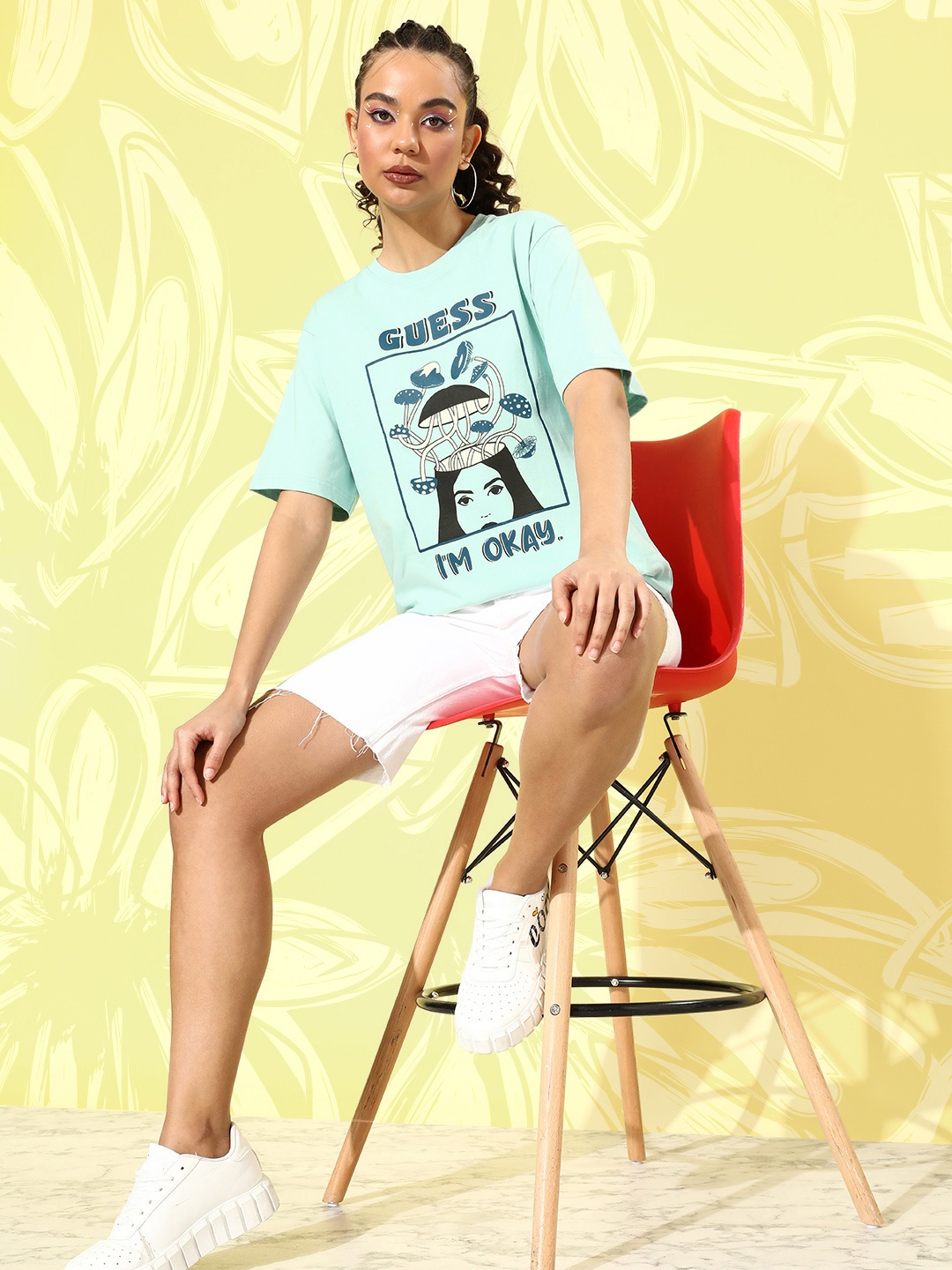 

DILLINGER Printed Oversized Pure Cotton Longline T-shirt, Turquoise blue