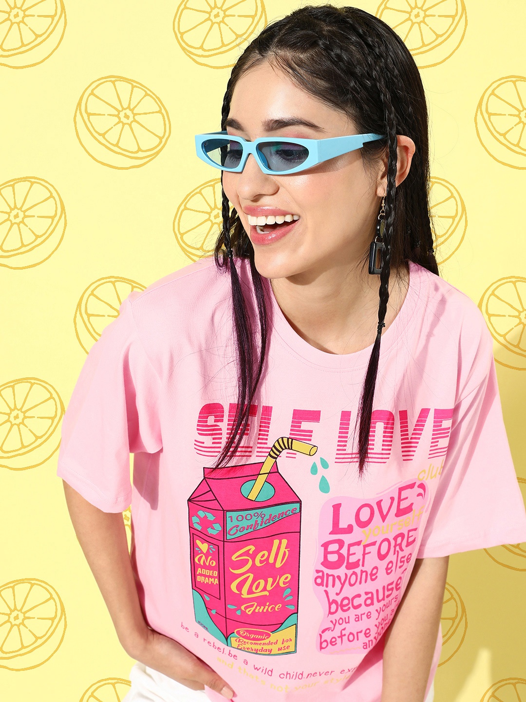 

DILLINGER Printed Oversized Pure Cotton Longline T-shirt, Pink