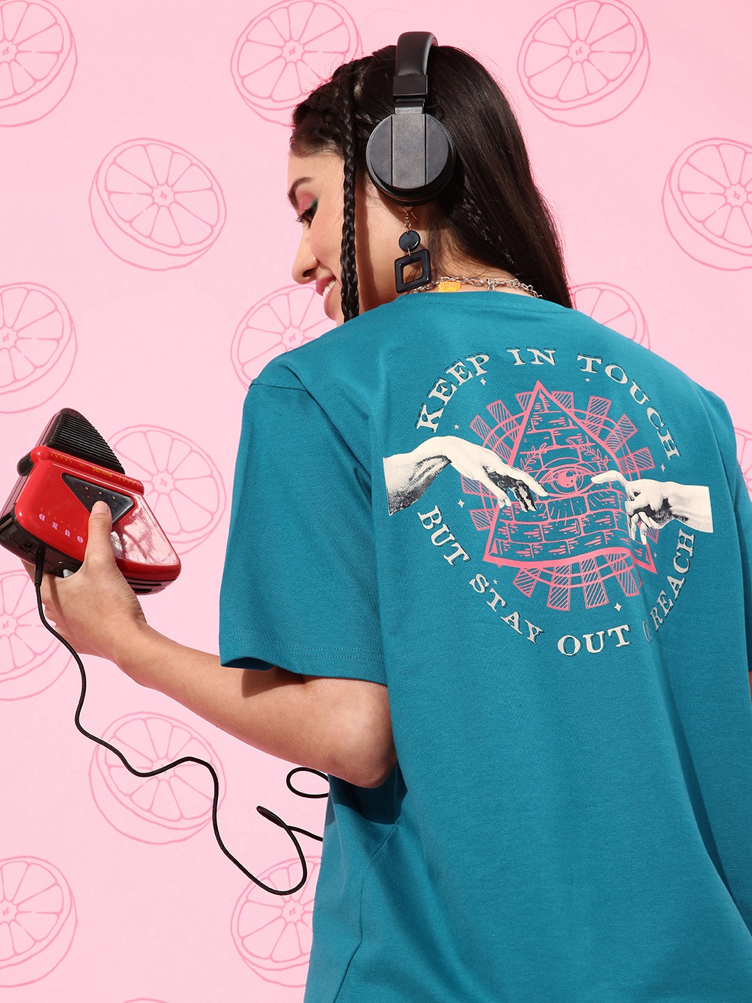 

DILLINGER Blue & Pink Printed Oversized Pure Cotton Longline T-shirt