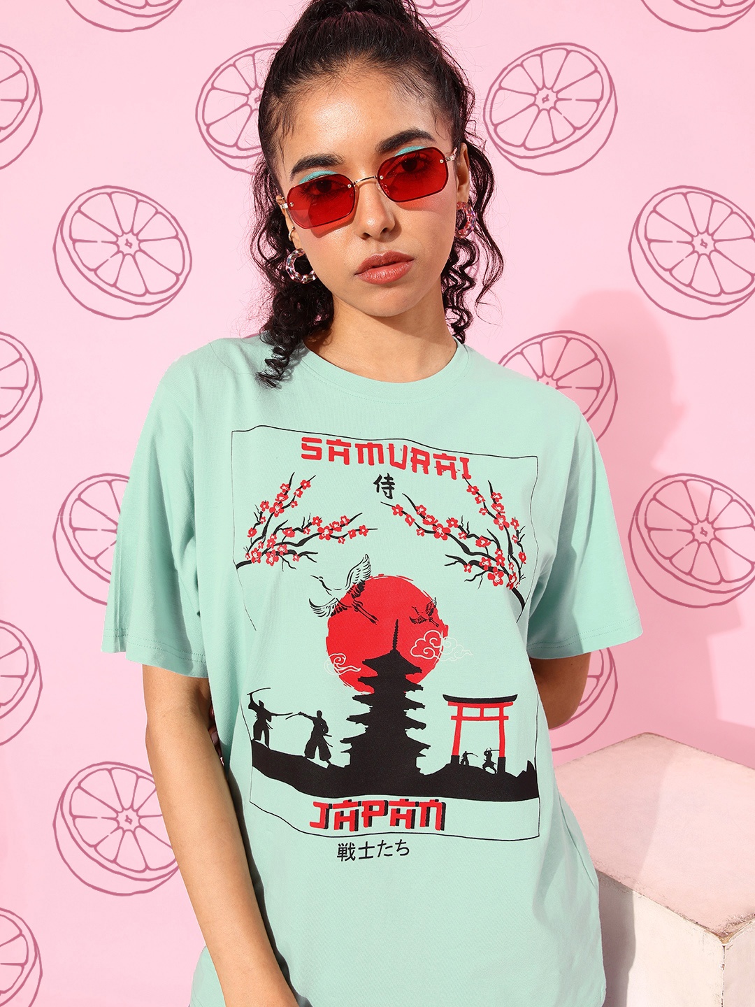 

DILLINGER Women Graphic Printed Oversize T-shirt, Turquoise blue