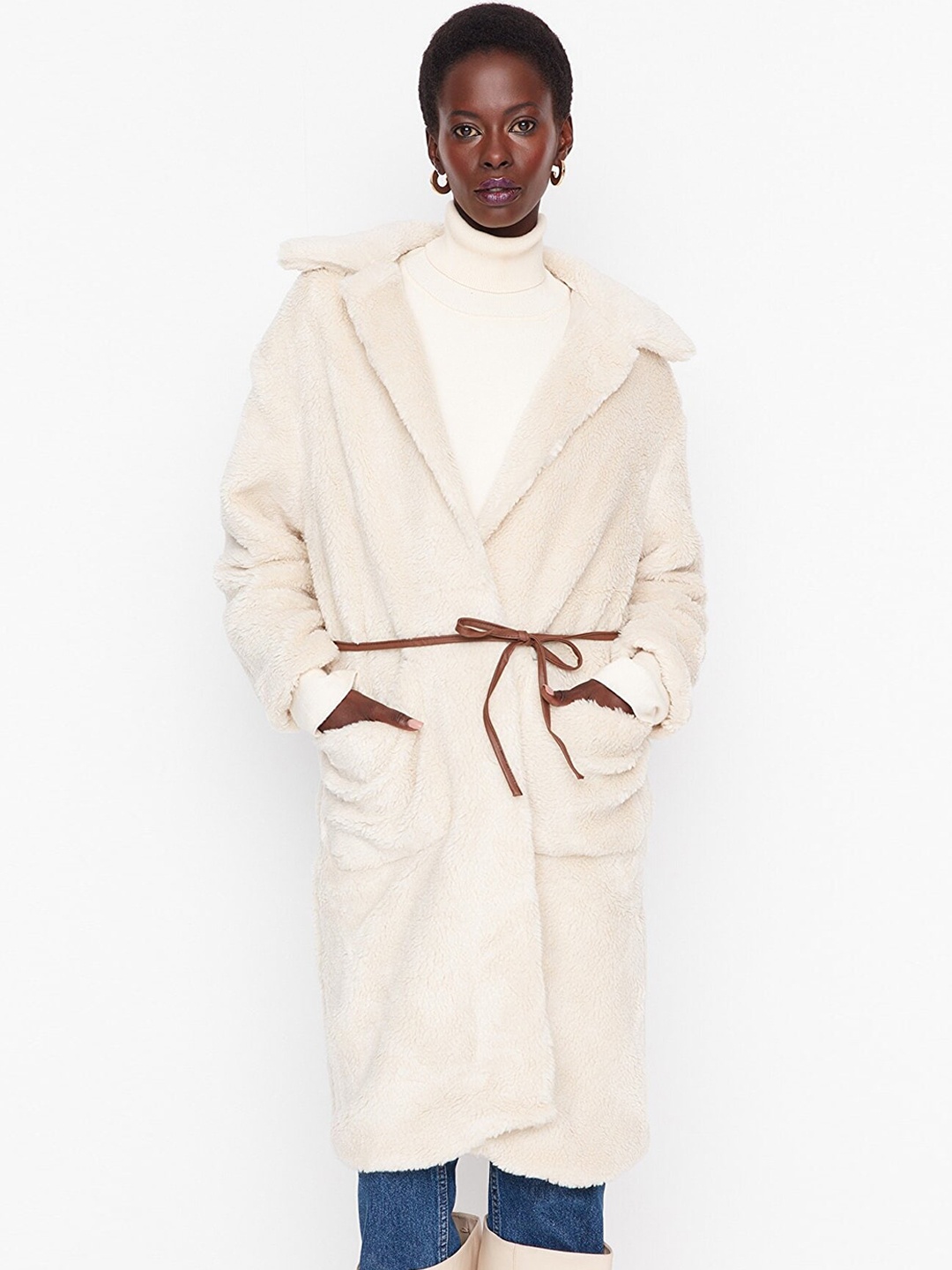 

Trendyol Women Self Design Notched Lapel Tie-Ups Trench Coat, Beige