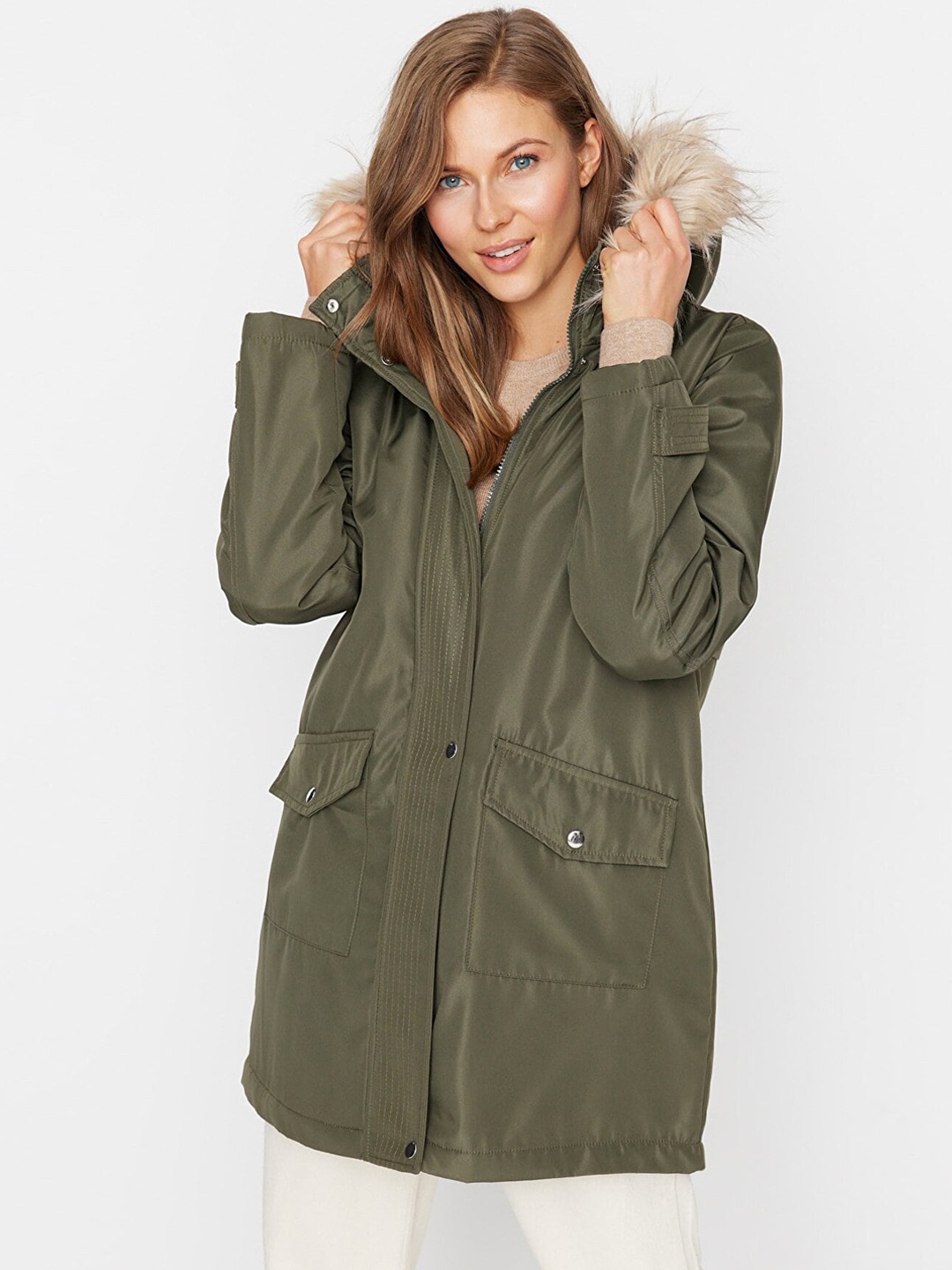 

Trendyol Women Hooded Longline Regular Fit Overcoat, Olive