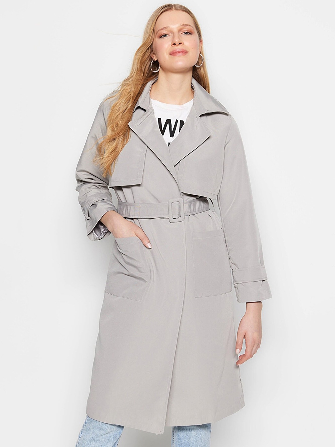 

Trendyol Single-Breasted Notched Lapel Longline Trench Coat, Grey