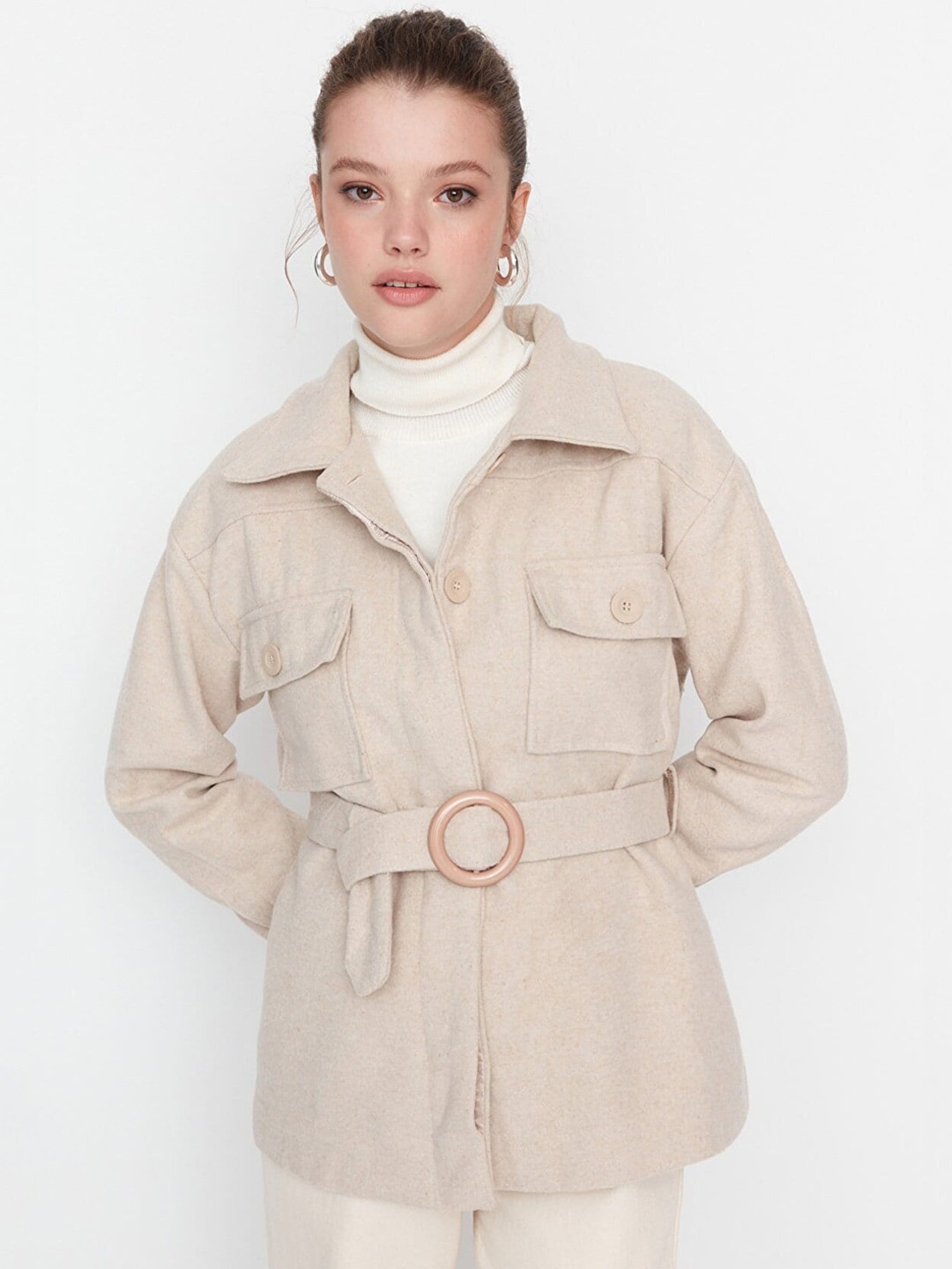

Trendyol Women Cotton Spread Collar Regular Fit Trench Coat With Belt, Beige