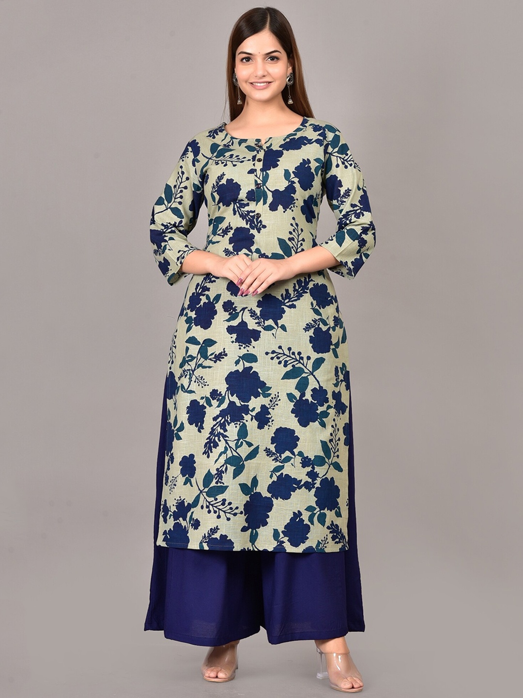 

SkyaSia Floral Printed Screen Straight Kurta With Palazzos, Grey