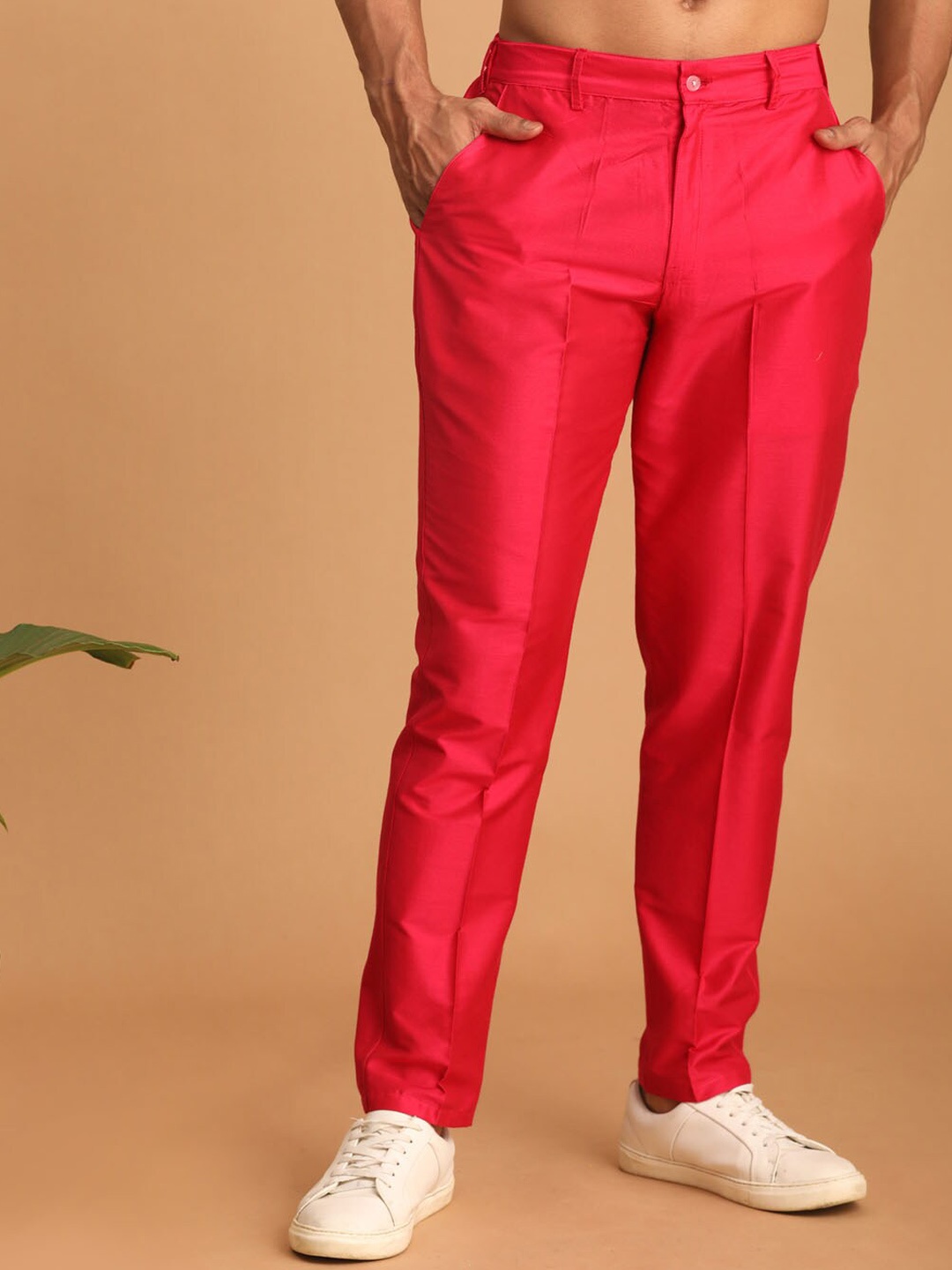 

VASTRAMAY Men Mid Rise Straight Trousers, Pink