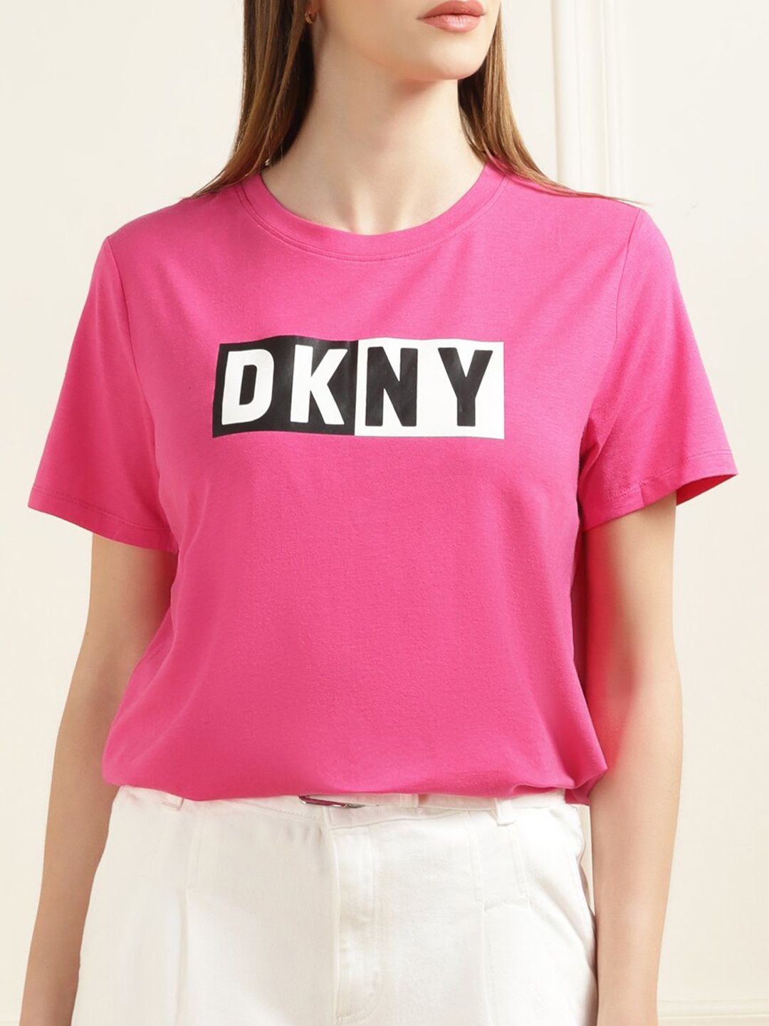 

DKNY Brand Logo Printed Cotton T-shirt, Pink