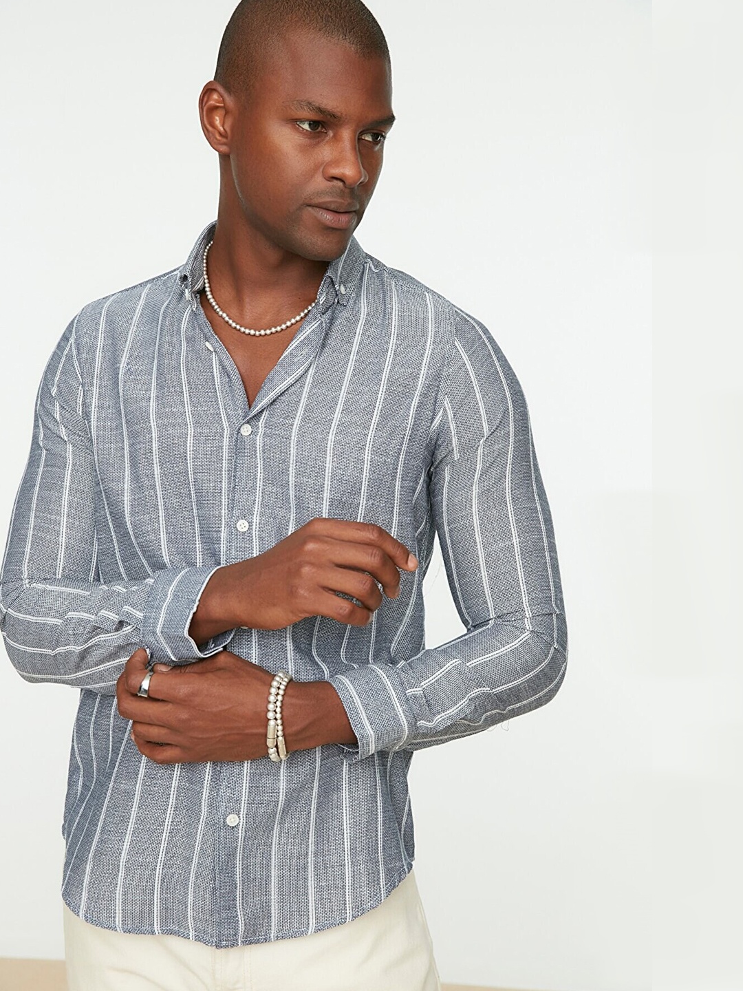 

Trendyol Vertical Striped Button Down Collar Pure Cotton Casual Shirt, Grey
