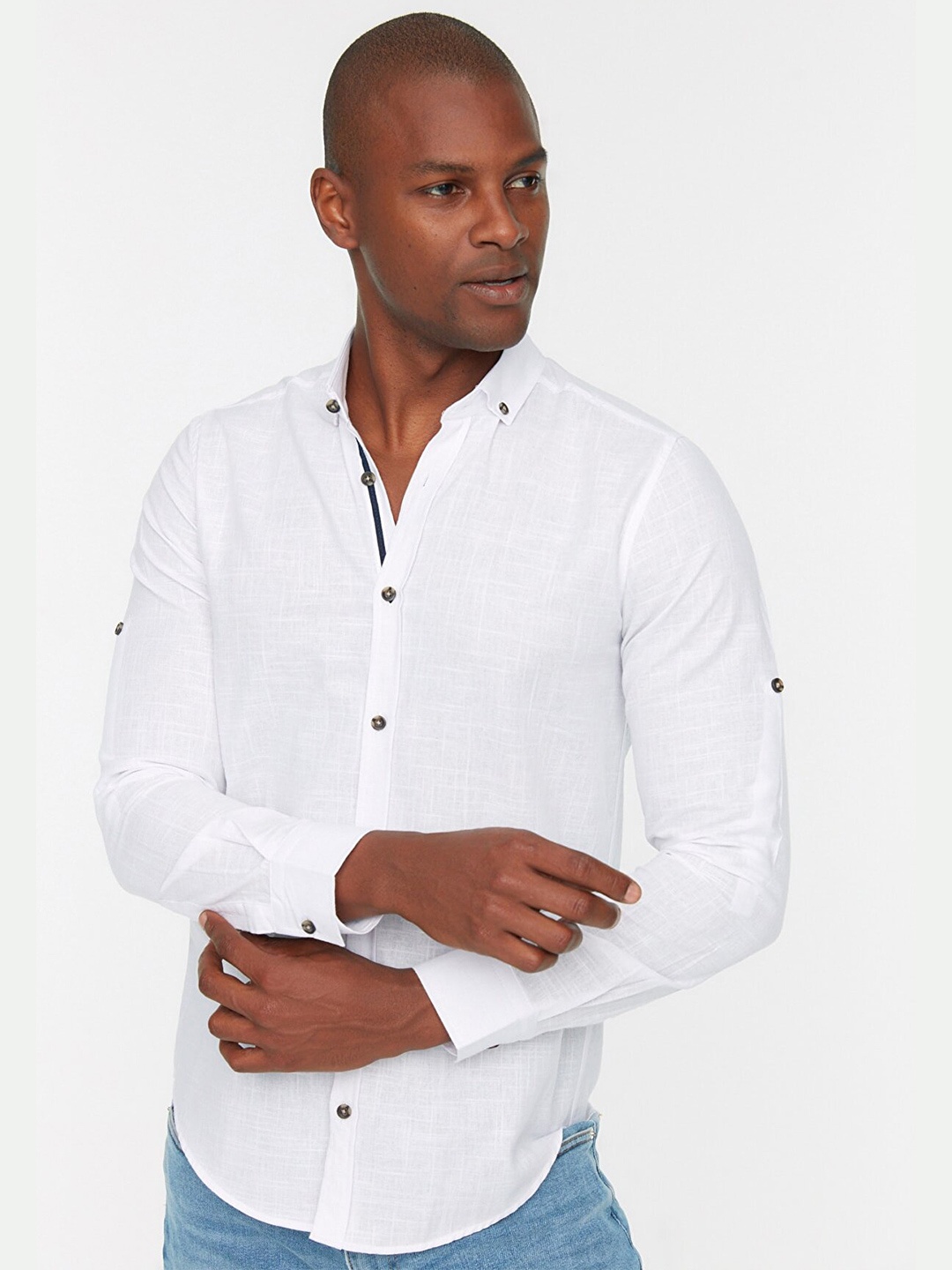 

Trendyol Button Down Collar Roll-Up Sleeves Pure Cotton Casual Shirt, White