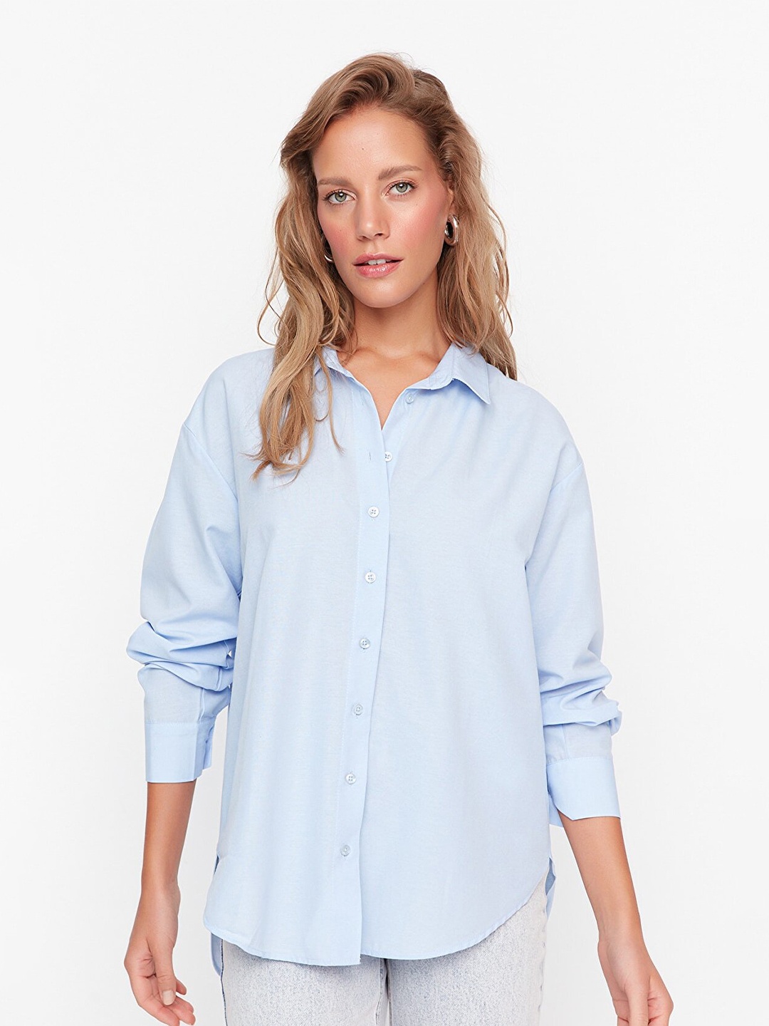 

Trendyol Spread Collar High-Low Casual Shirt, Blue