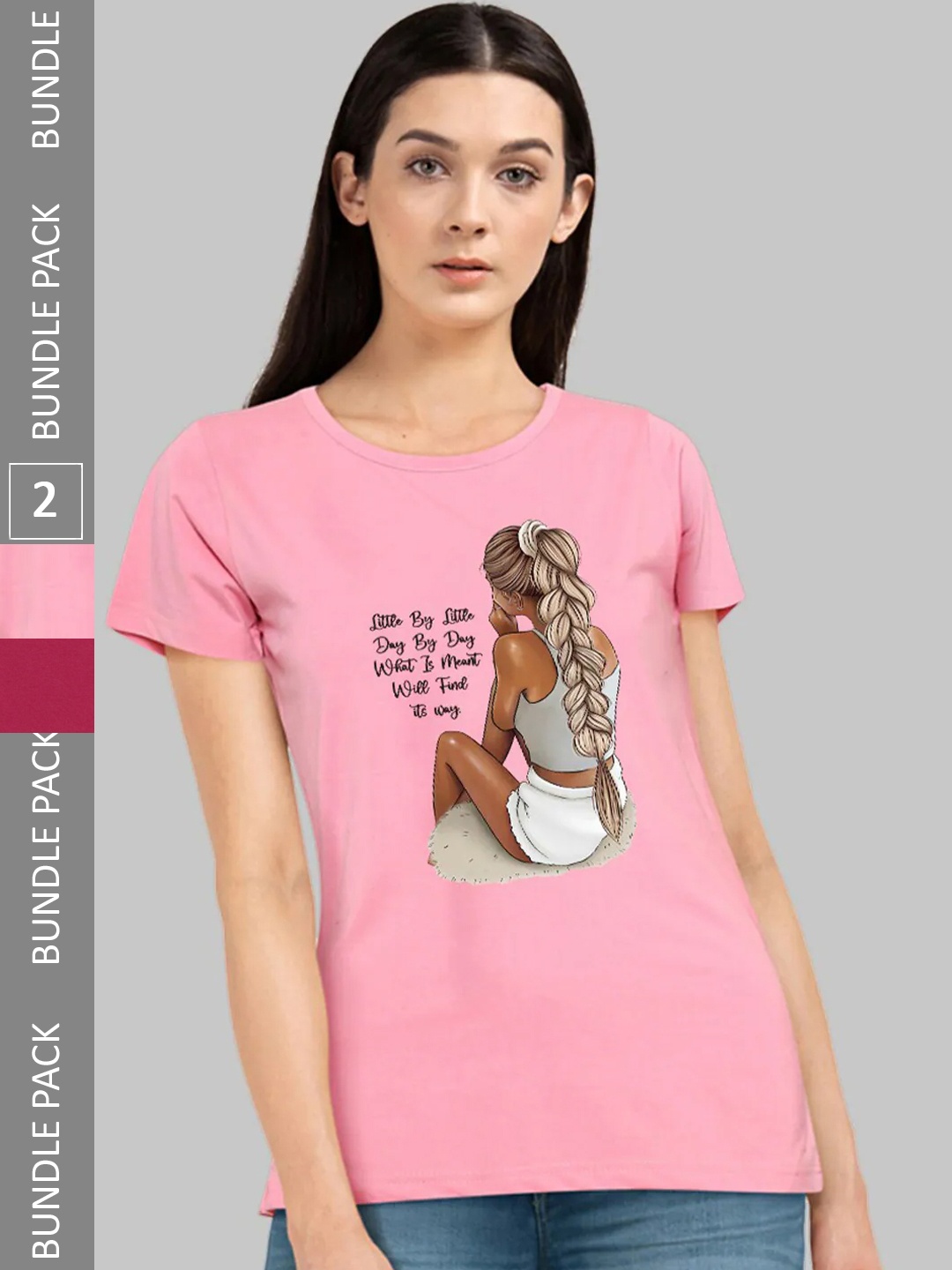 

CHOZI Pack Of 2 Printed Cotton Bio Finish T-shirt, Pink