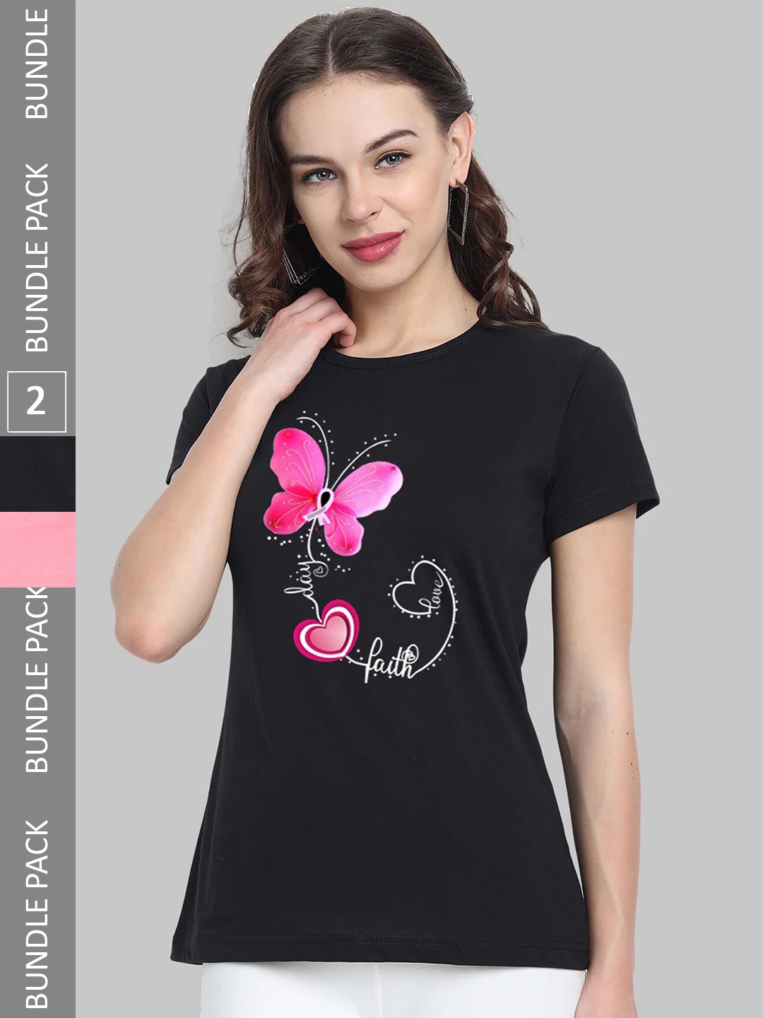 

CHOZI Pack of 2 Graphic Printed Round Neck Cotton T-shirts, Pink
