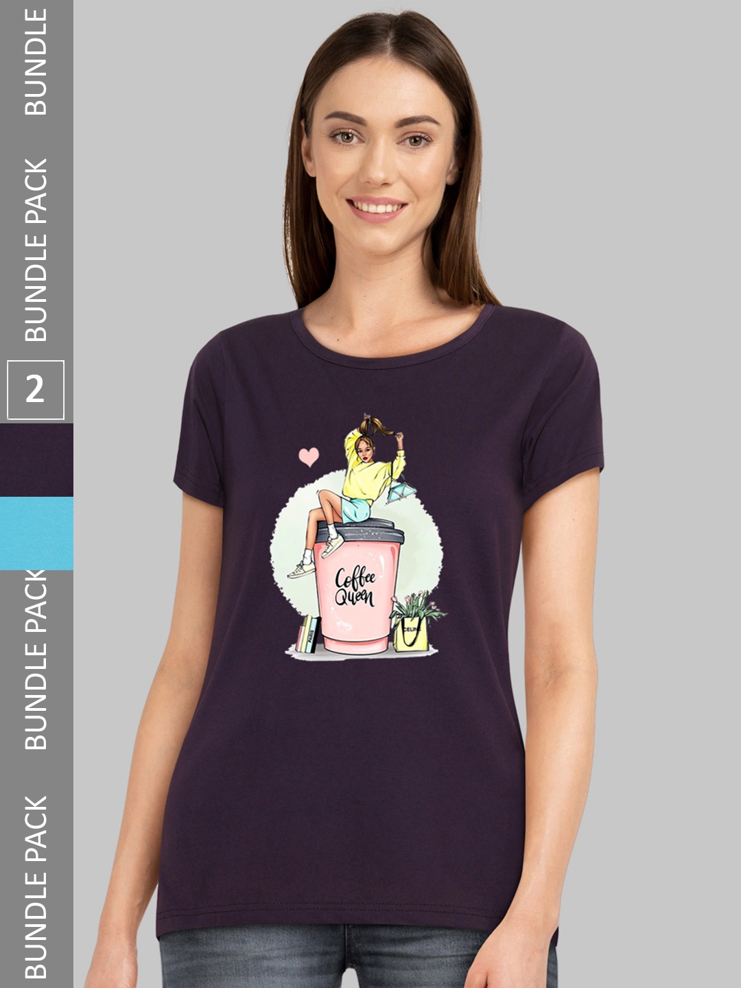 

CHOZI Pack Of 2 Graphic Printed Bio Finish Cotton T-shirt, Turquoise blue