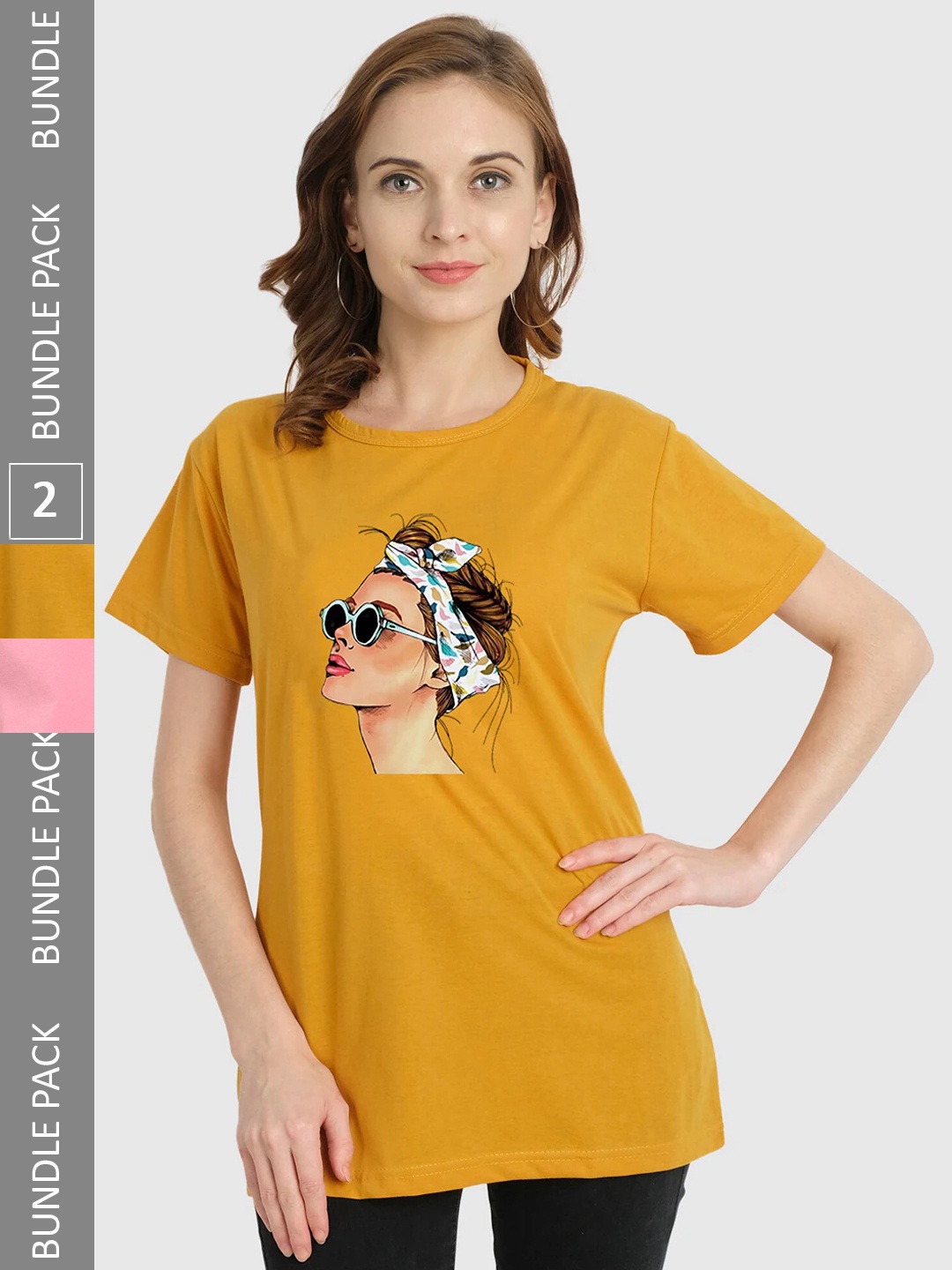 

CHOZI Pack Of 2 Graphic Printed Bio Finish Cotton T-shirt, Pink