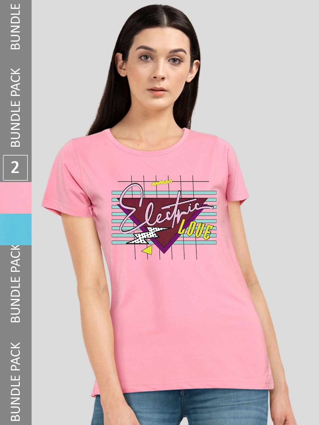 

CHOZI Pack of 2 Typography Printed Round Neck Cotton T-shirts, Pink