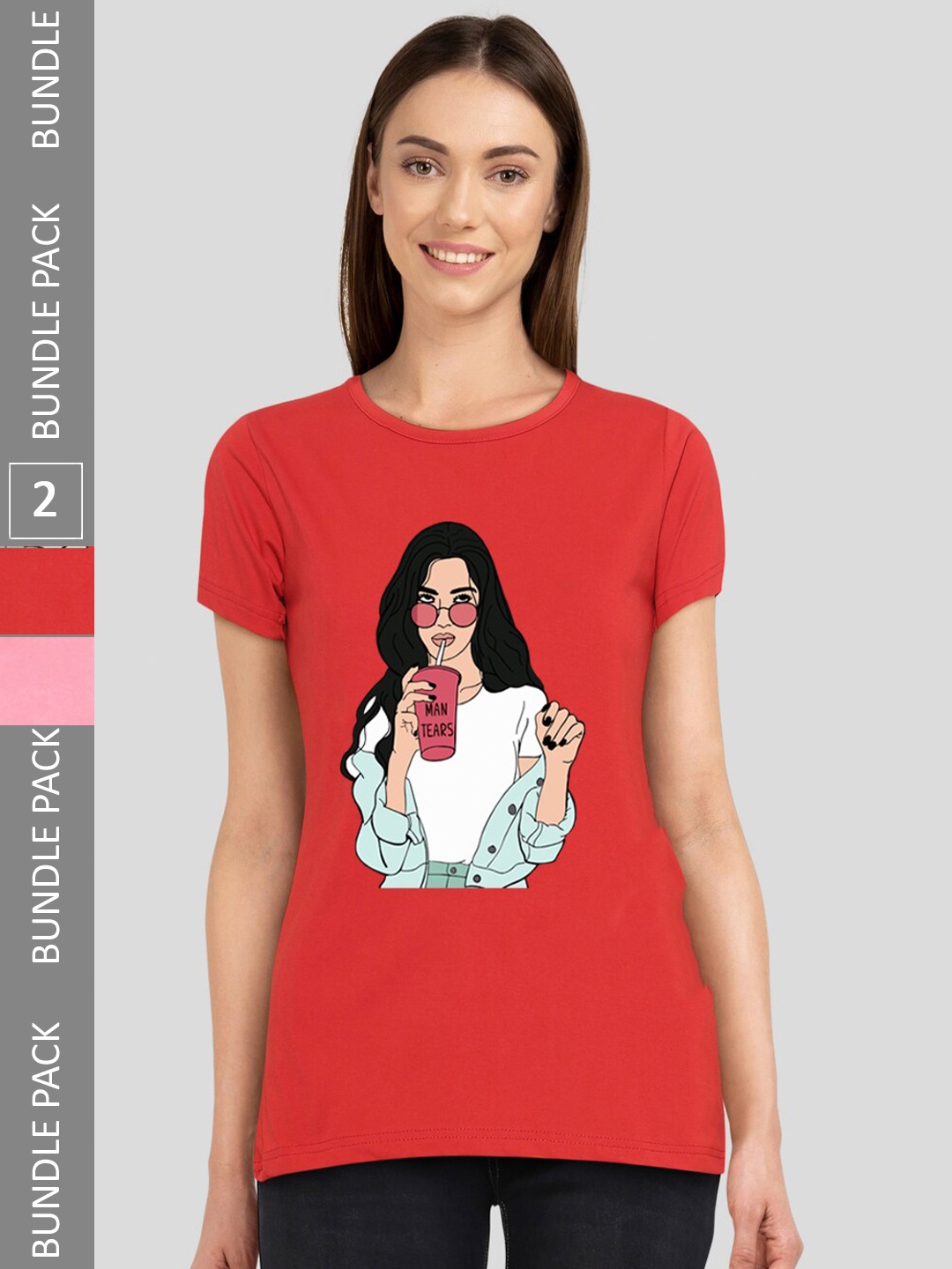 

CHOZI Pack Of 2 Graphic Printed Bio Finish Cotton T-shirt, Pink