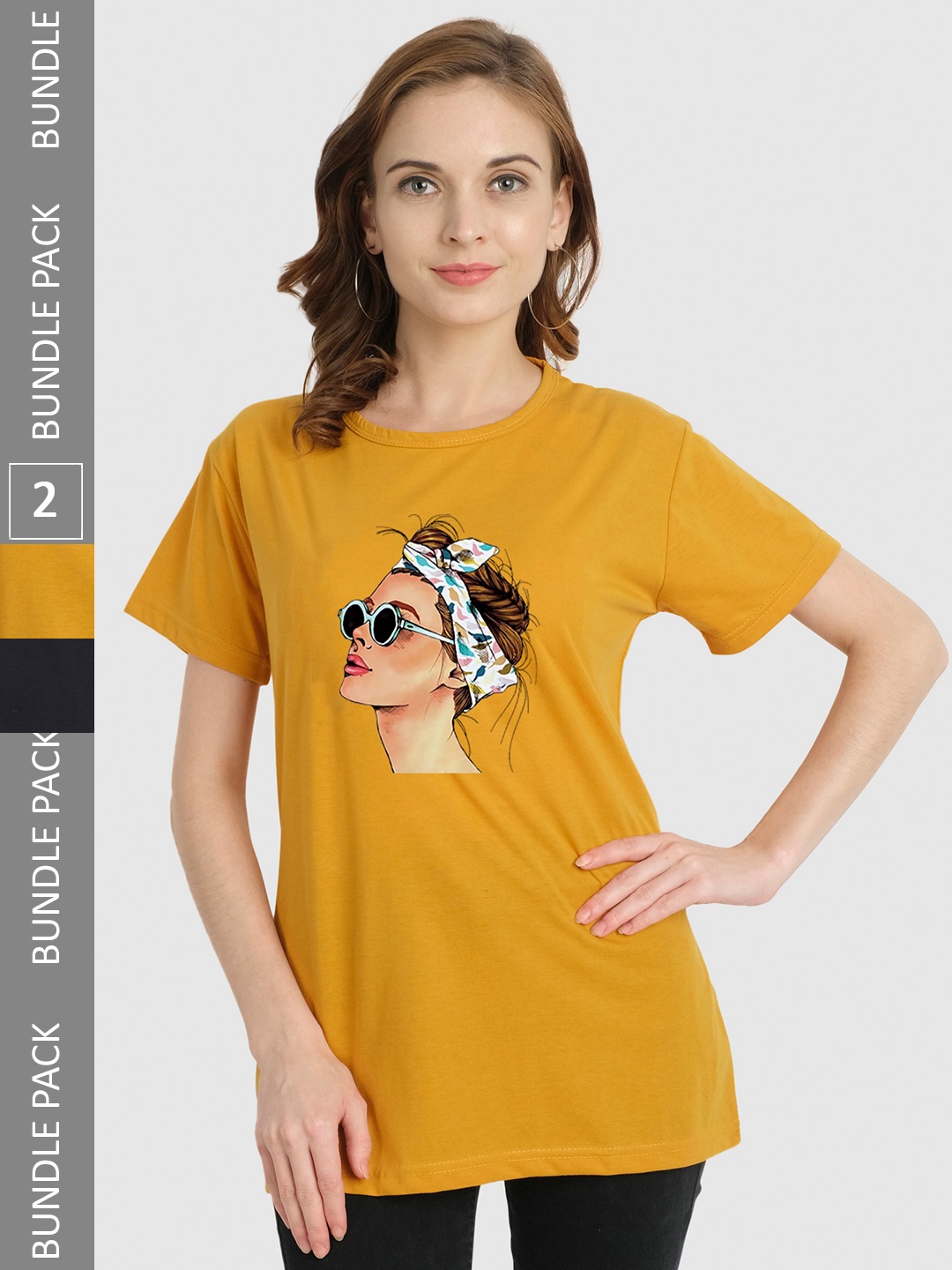 

CHOZI Pack Of 2 Graphic Printed Bio Finish Cotton T-shirt, Mustard