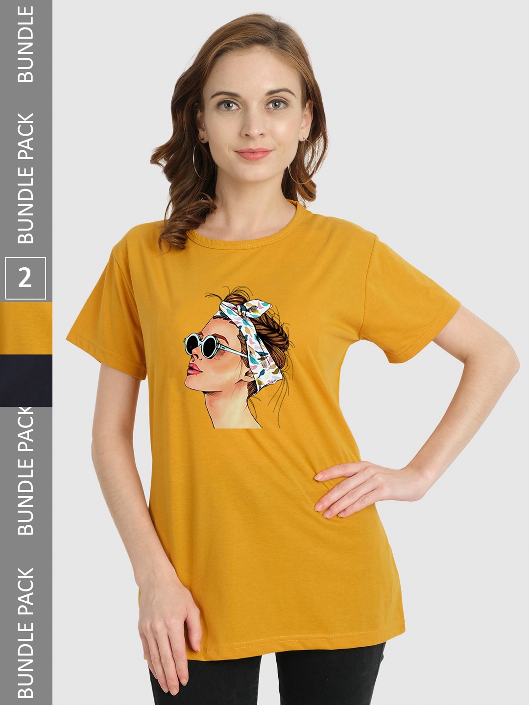 

CHOZI Pack Of 2 Printed Cotton Bio Finish T-shirt, Mustard