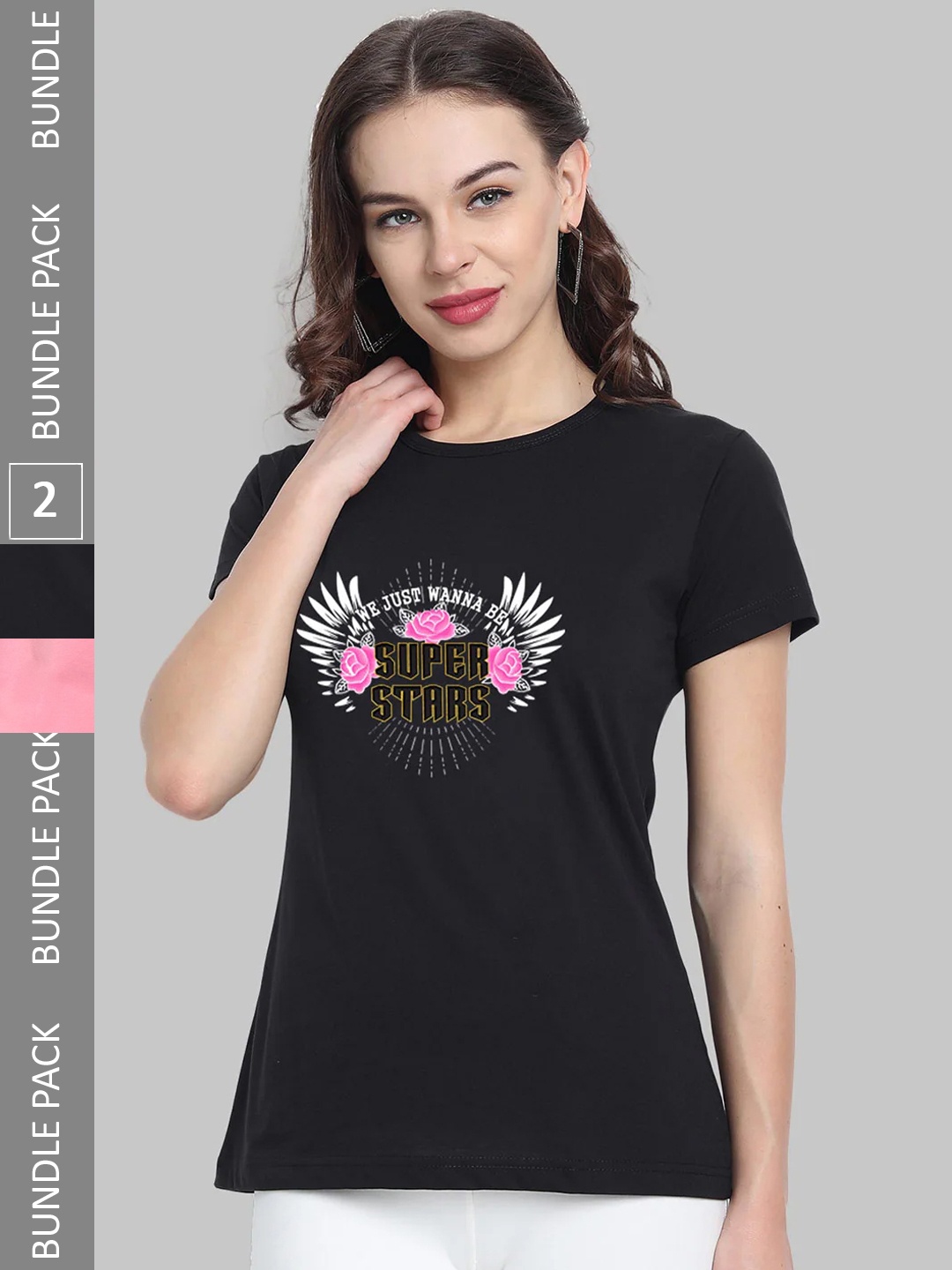

CHOZI Pack Of 2 Typography Printed Bio Finish Cotton T-shirt, Pink
