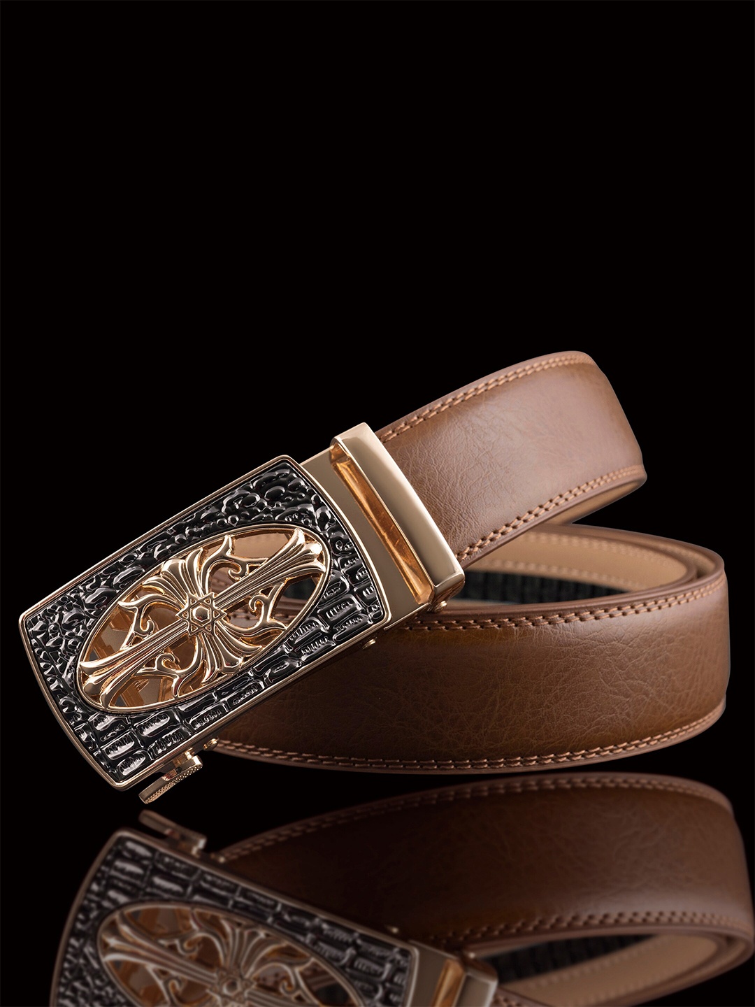 

NAEVE Men Leather Slider Buckle Belt, Tan
