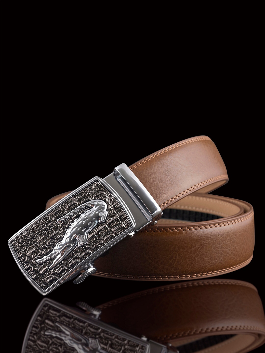 

NAEVE Men Textured Leather Slider Buckle Belt, Tan